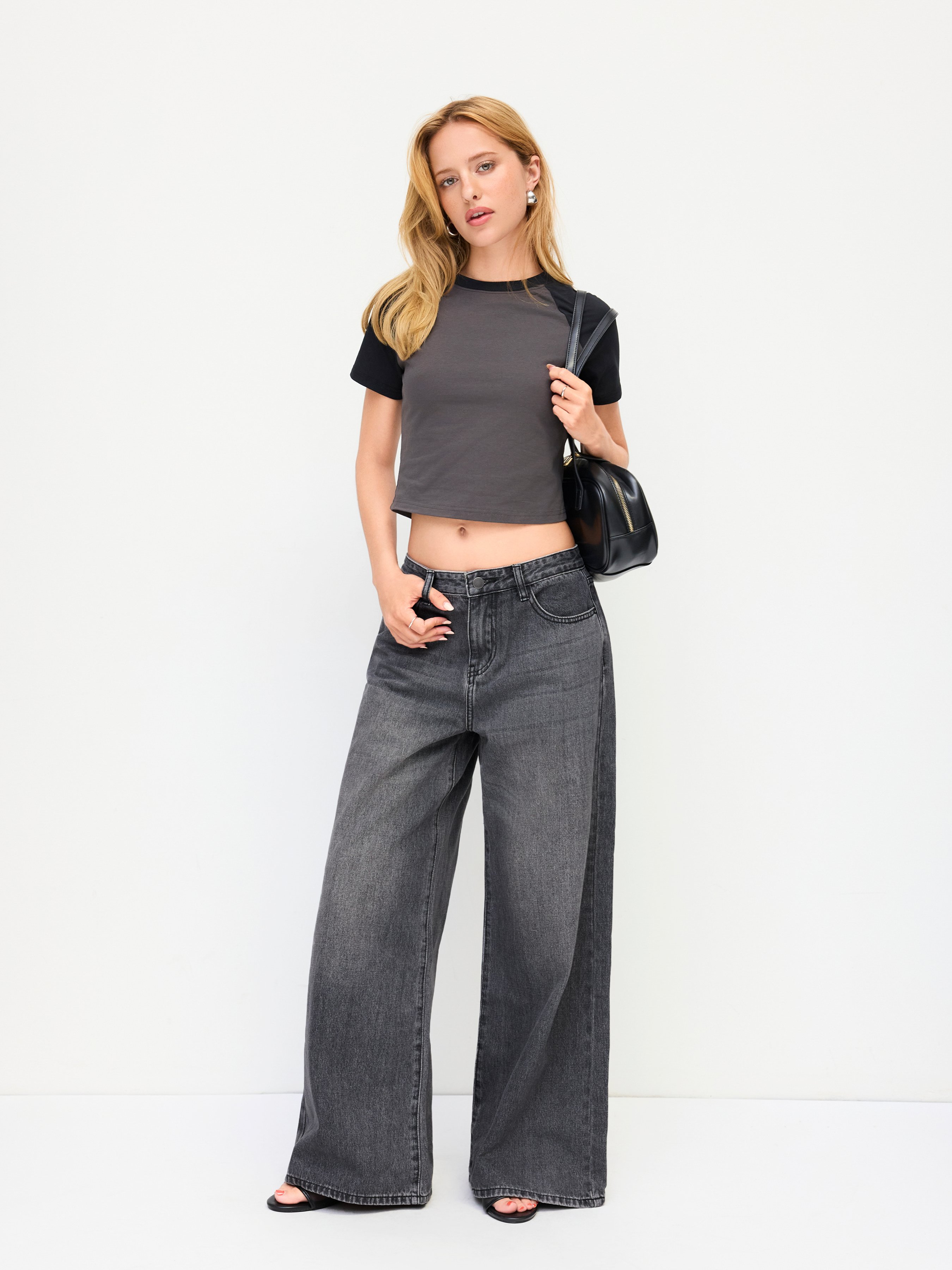 Denim Low-Rise Baggy Trousers - Grey