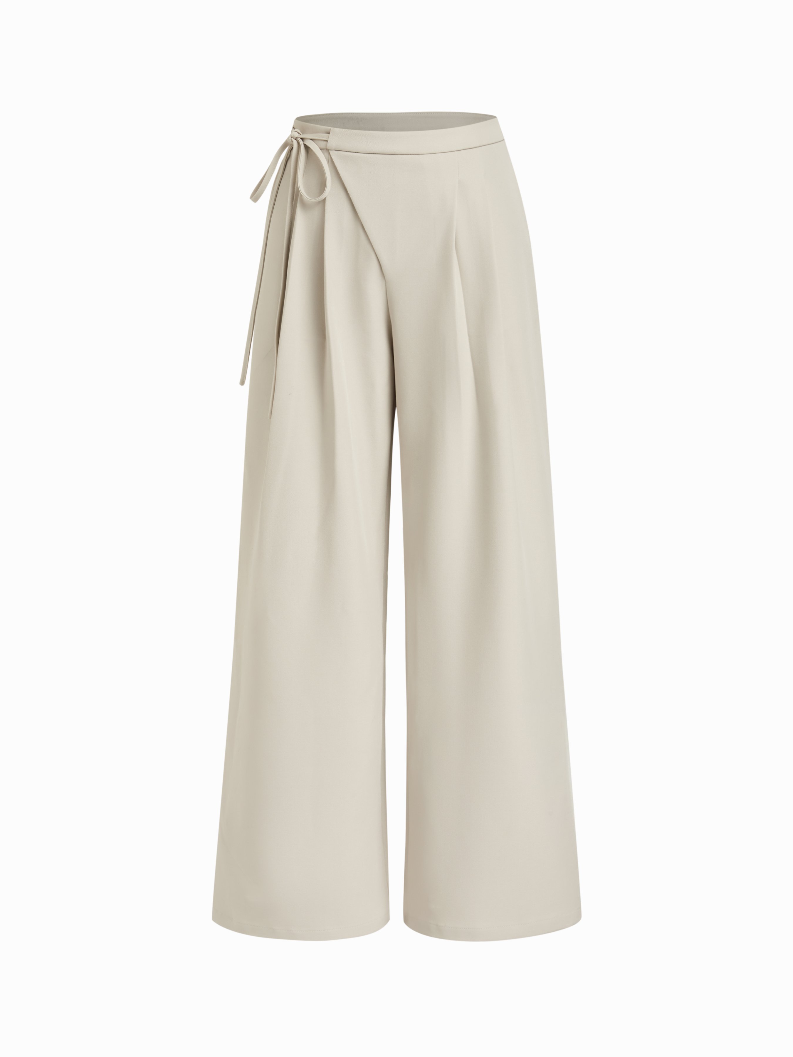 Mid Rise Tie Side Knotted Pleated Wide Leg Trousers - Beige