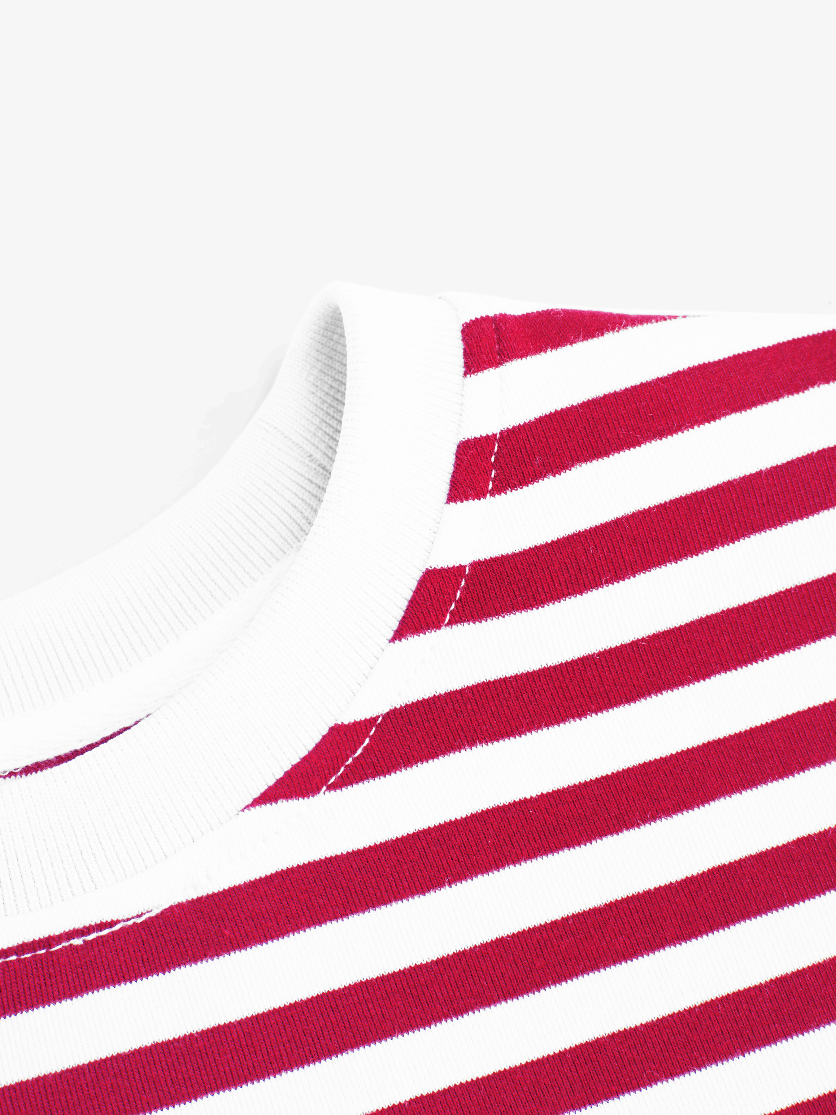 Cotton-blend Stripe Round Neckline Mid-length Sleeve Cinched Waist Tee - White & Red