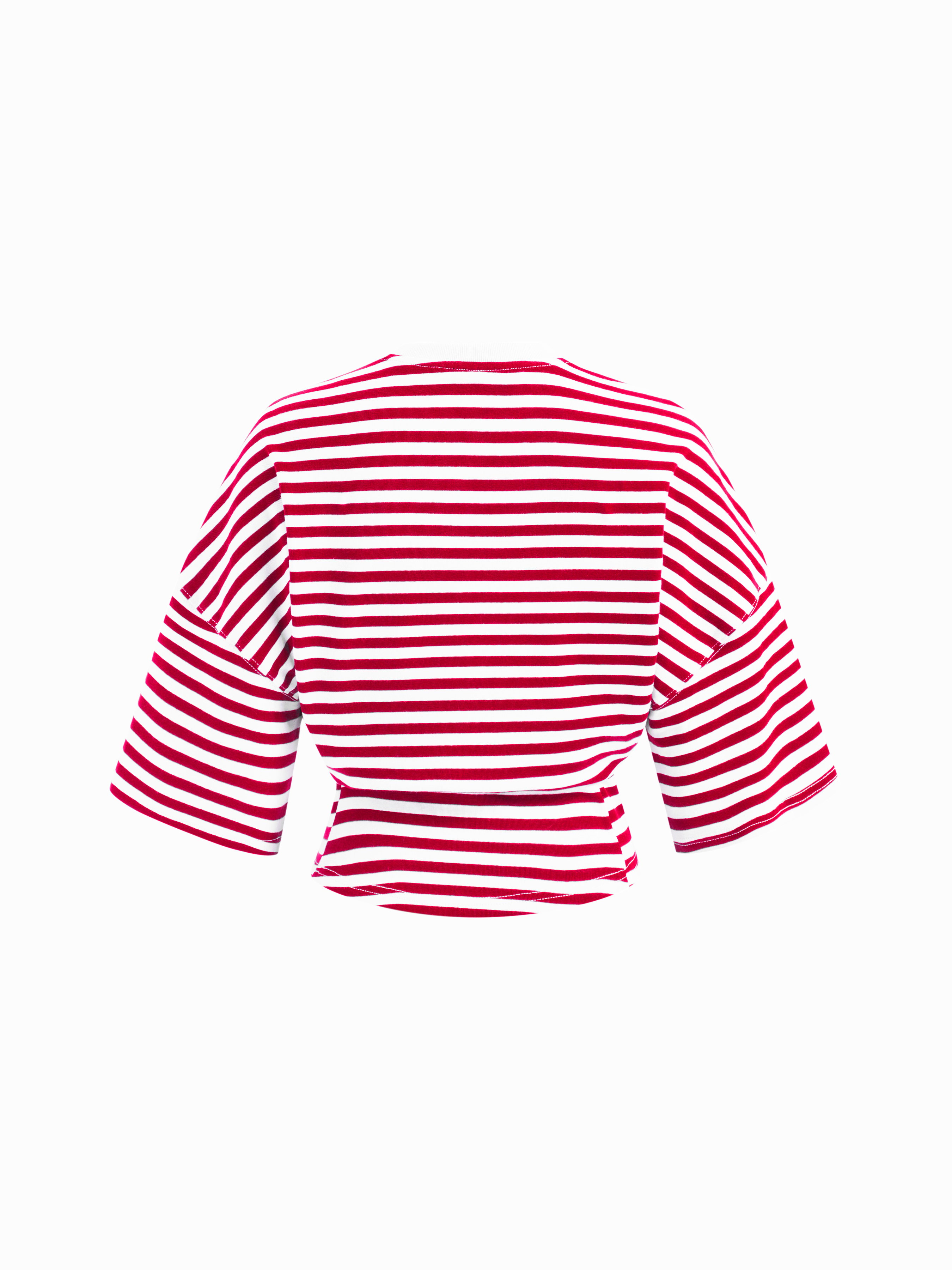 Cotton-blend Stripe Round Neckline Mid-length Sleeve Cinched Waist Tee - White & Red