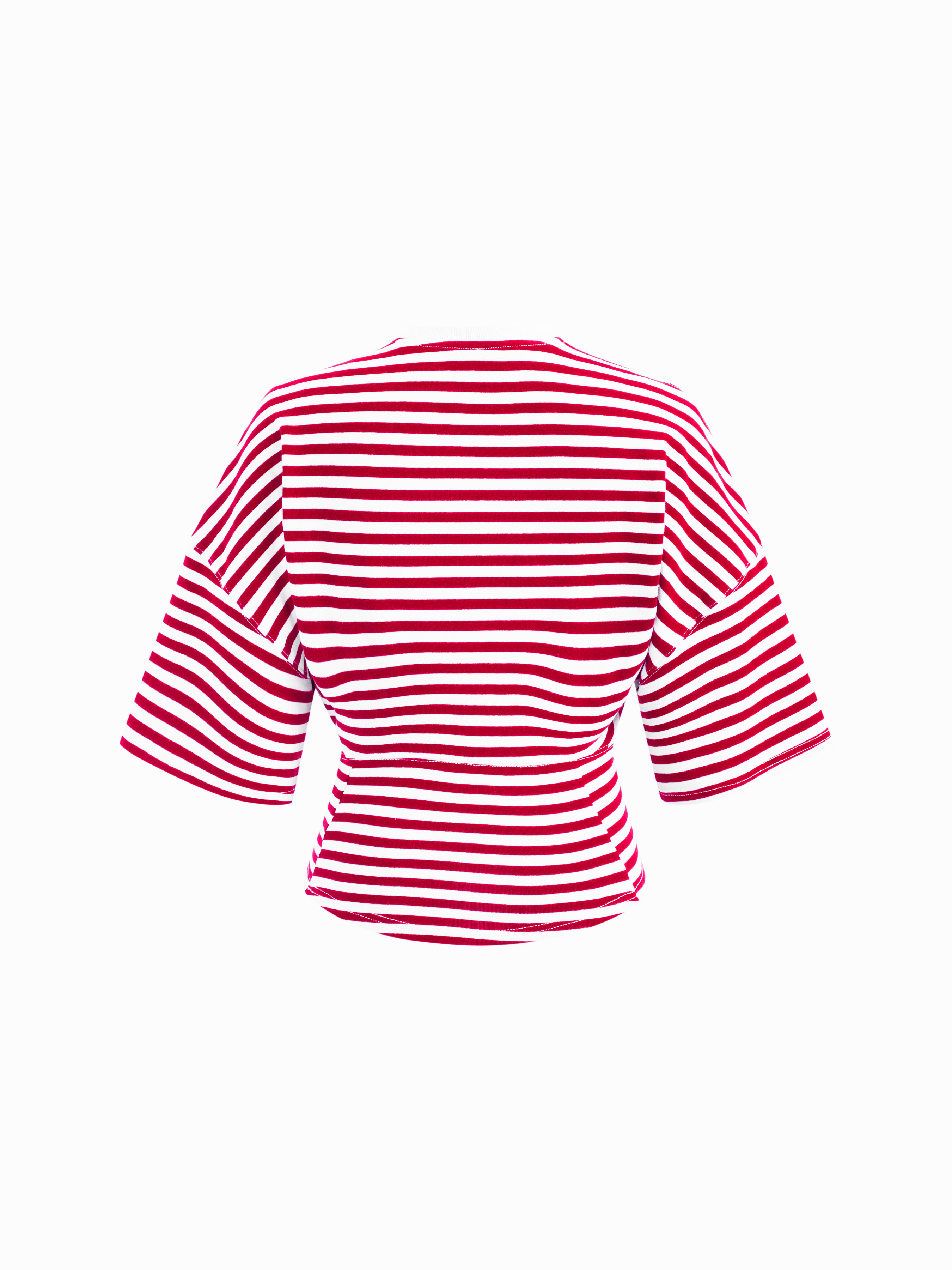 Cotton-blend Stripe Round Neckline Mid-length Sleeve Cinched Waist Tee - White & Red