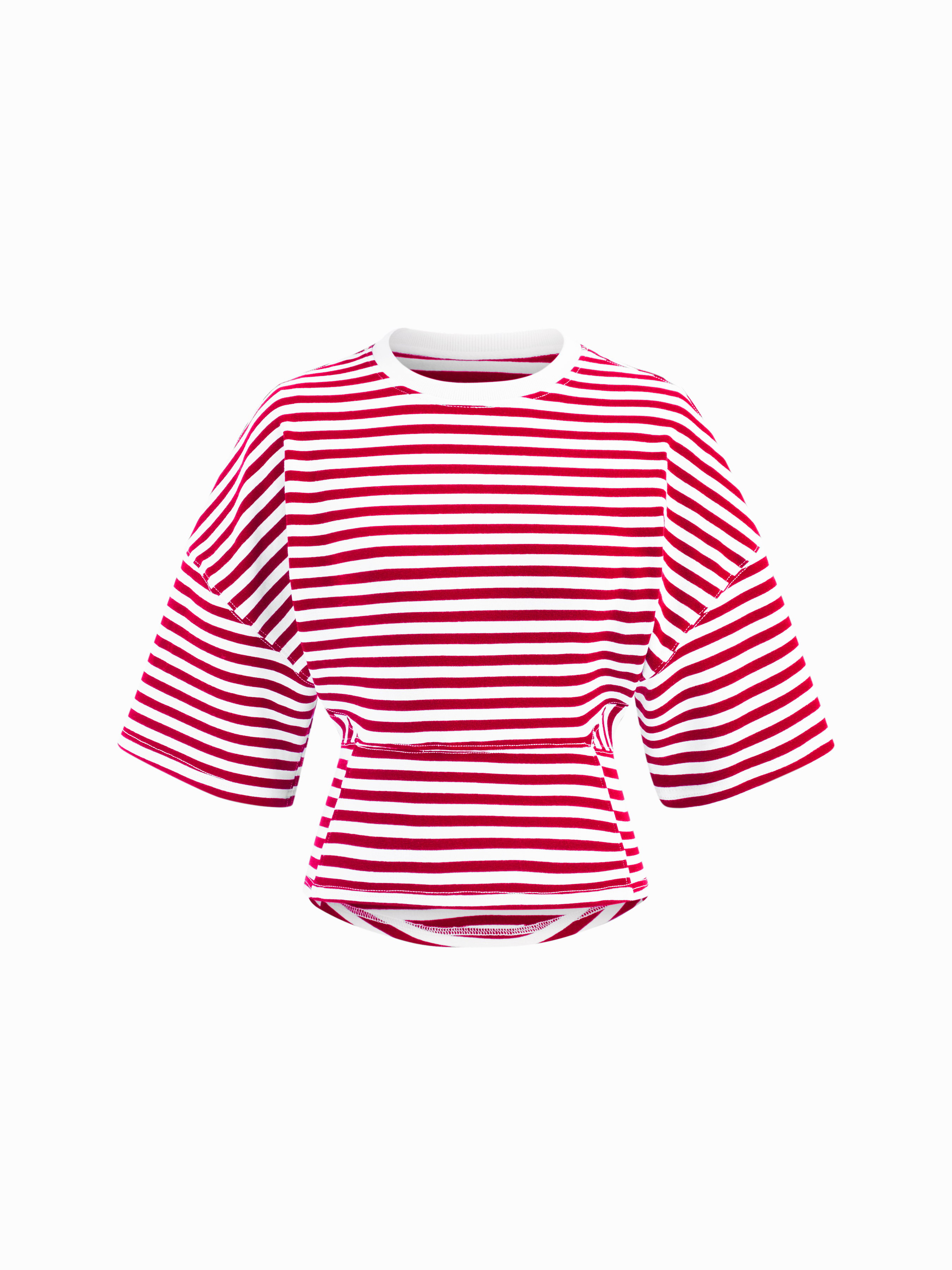 Cotton-blend Stripe Round Neckline Mid-length Sleeve Cinched Waist Tee - White & Red