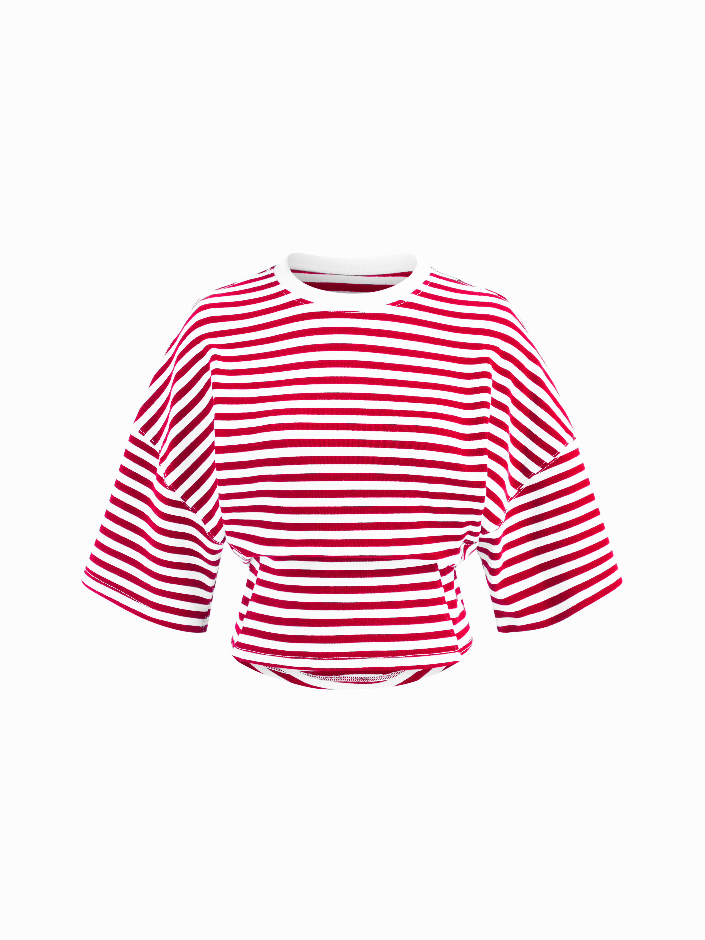 Cotton-blend Stripe Round Neckline Mid-length Sleeve Cinched Waist Tee - White & Red