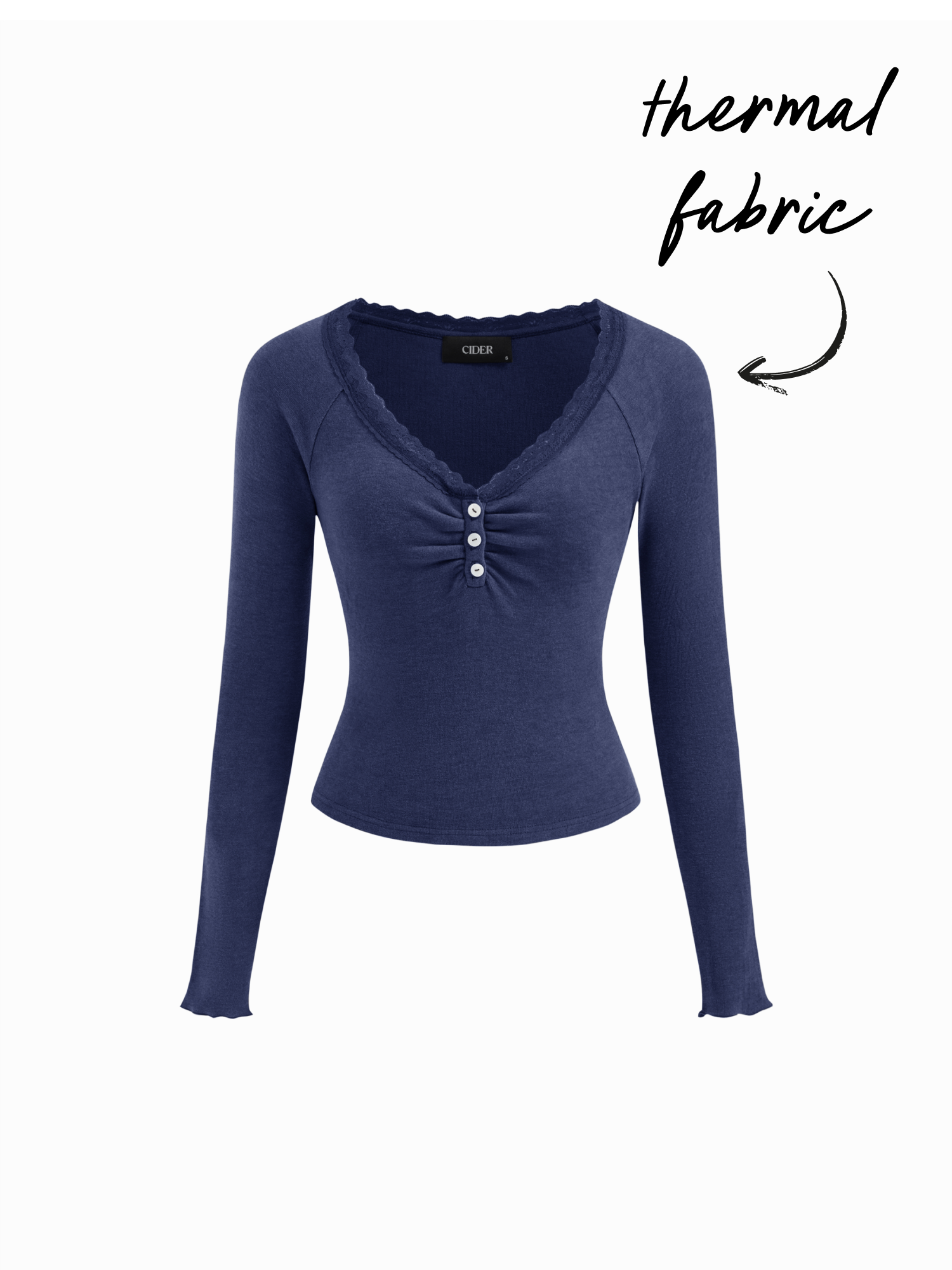 Thermal Cotton-blend V-neck Long Sleeve Lace Trim Ruched Tee - Dark Navy