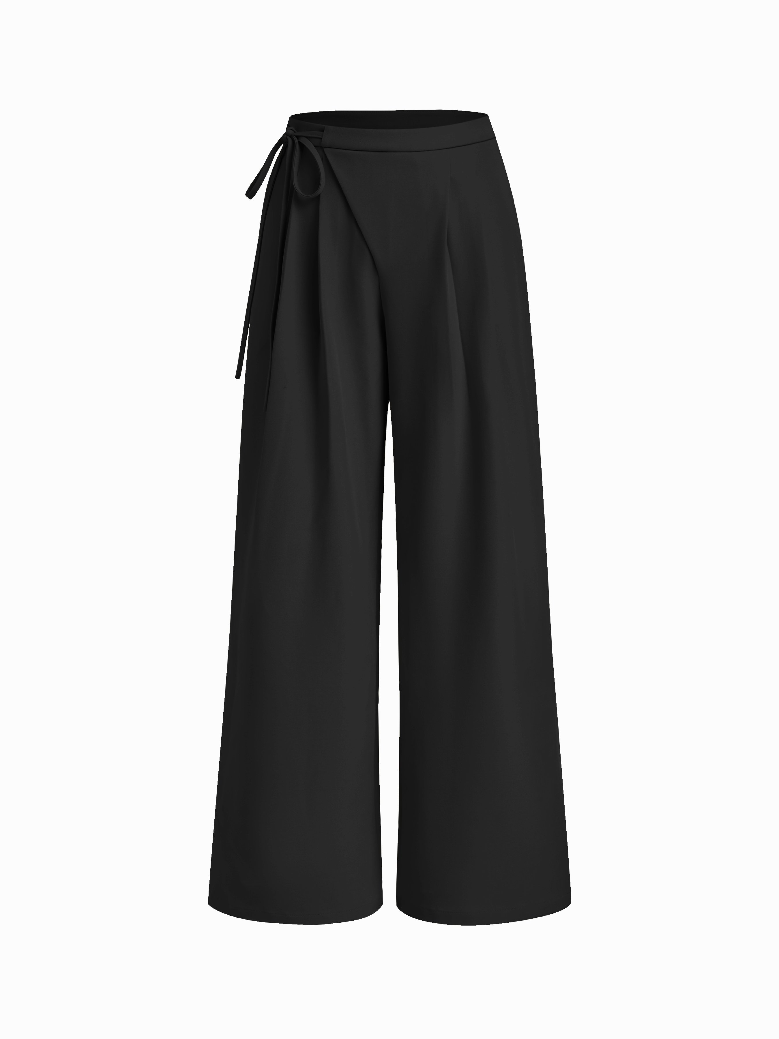 Mid Rise Tie Side Knotted Pleated Wide Leg Trousers - Black