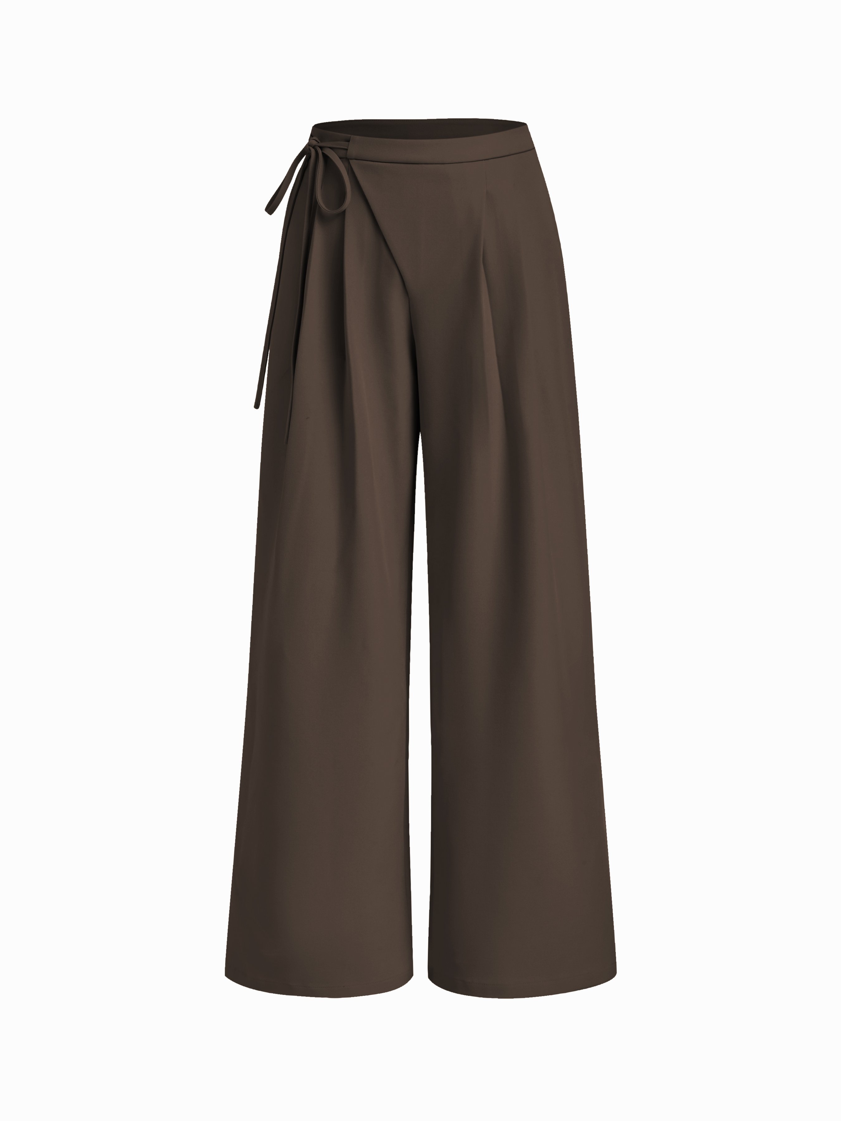 Mid Rise Tie Side Knotted Pleated Wide Leg Trousers - Coffee