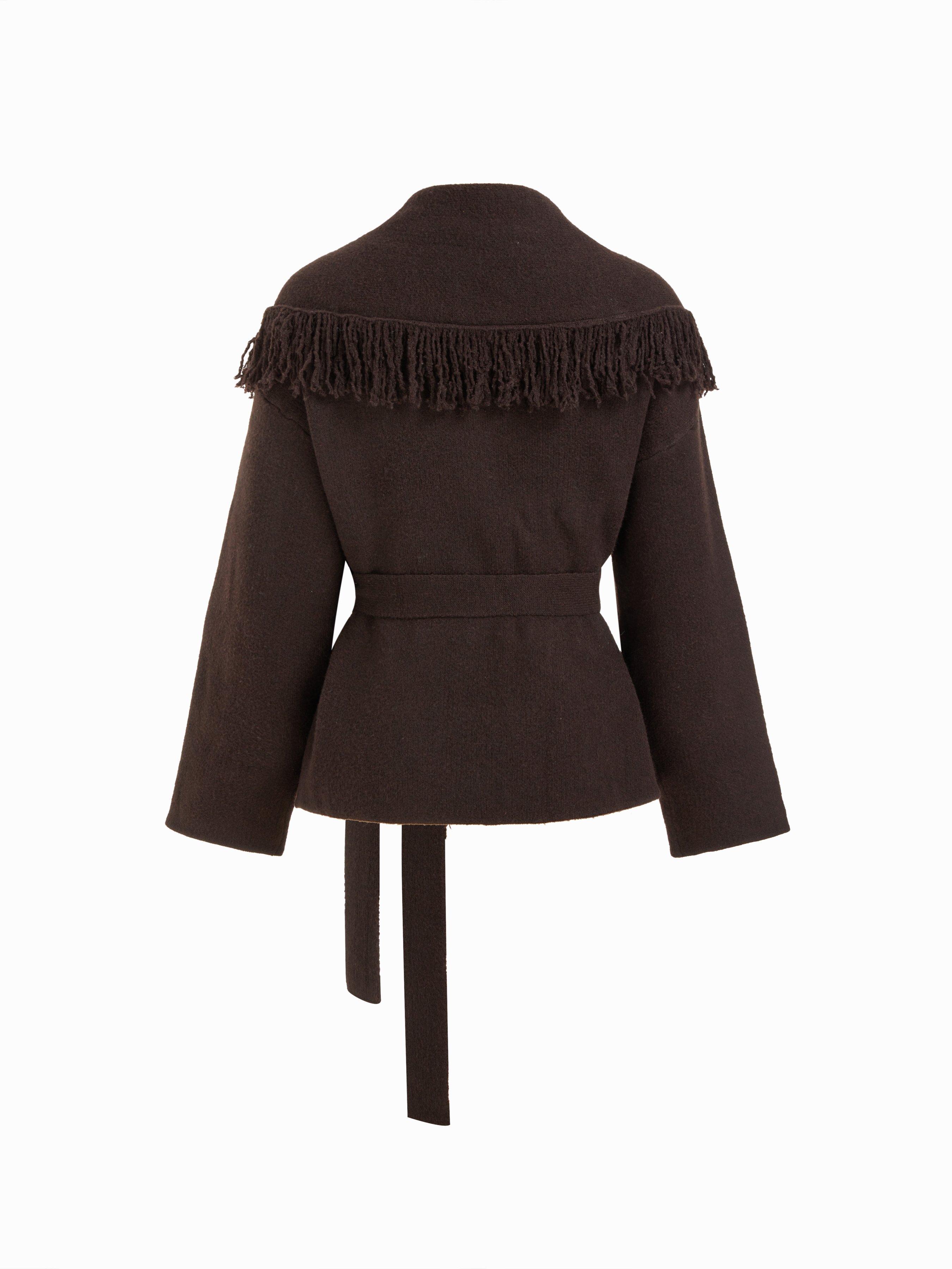 Fringed Wool-blend Knit Wrap Cardigan With Belt - Coffee