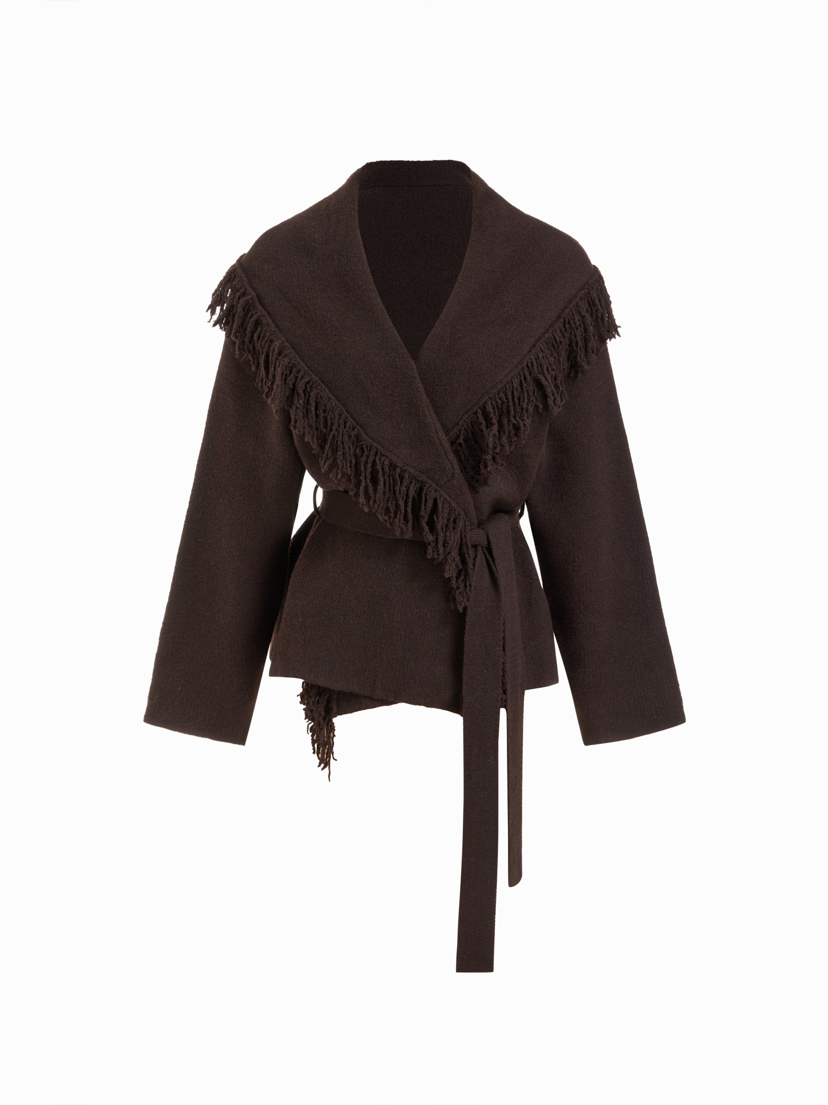 Fringed Wool-blend Knit Wrap Cardigan With Belt - Coffee