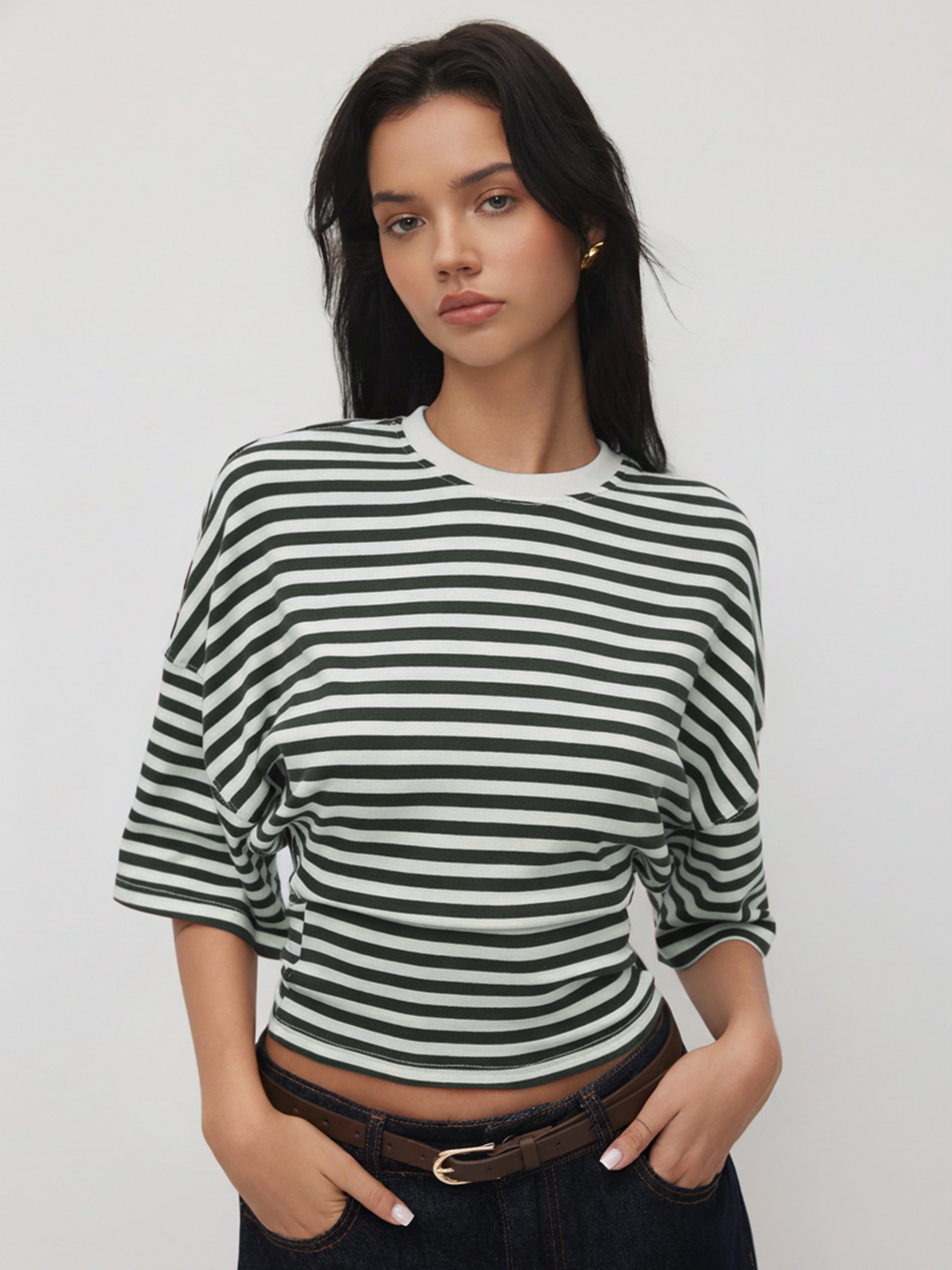 Cotton-blend Stripe Round Neckline Mid-length Sleeve Cinched Waist Tee - Black & White