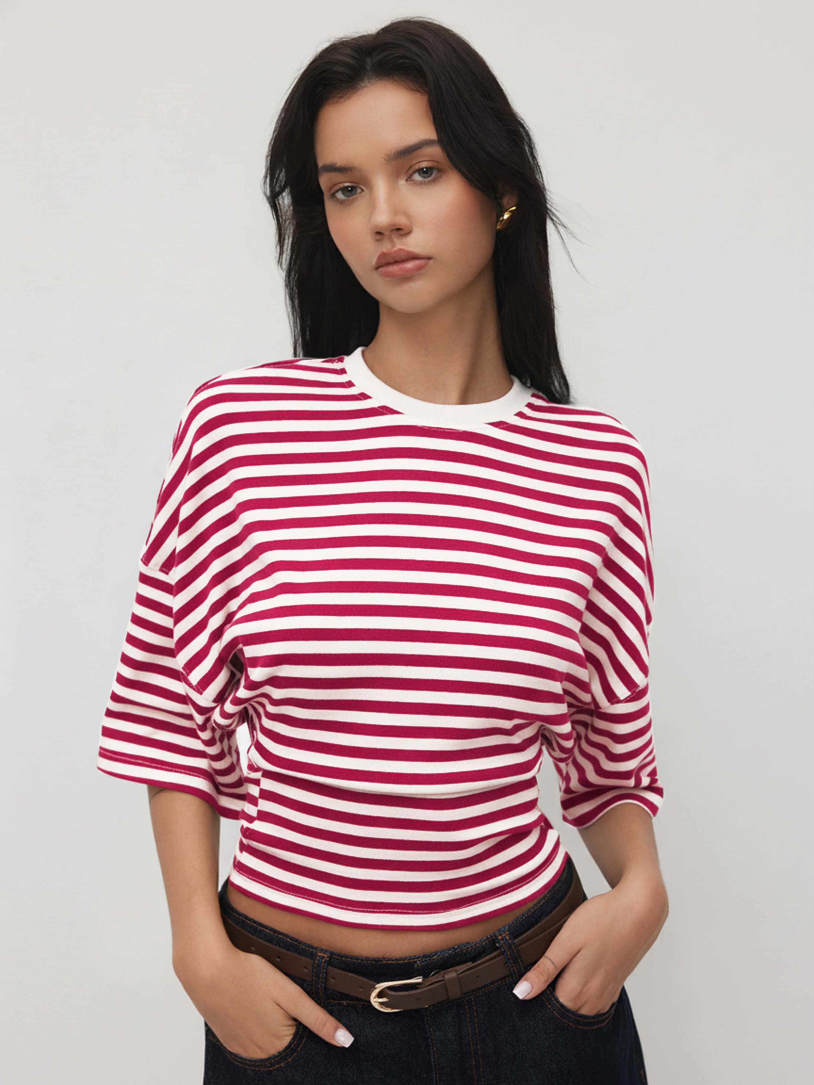 Cotton-blend Stripe Round Neckline Mid-length Sleeve Cinched Waist Tee - White & Red