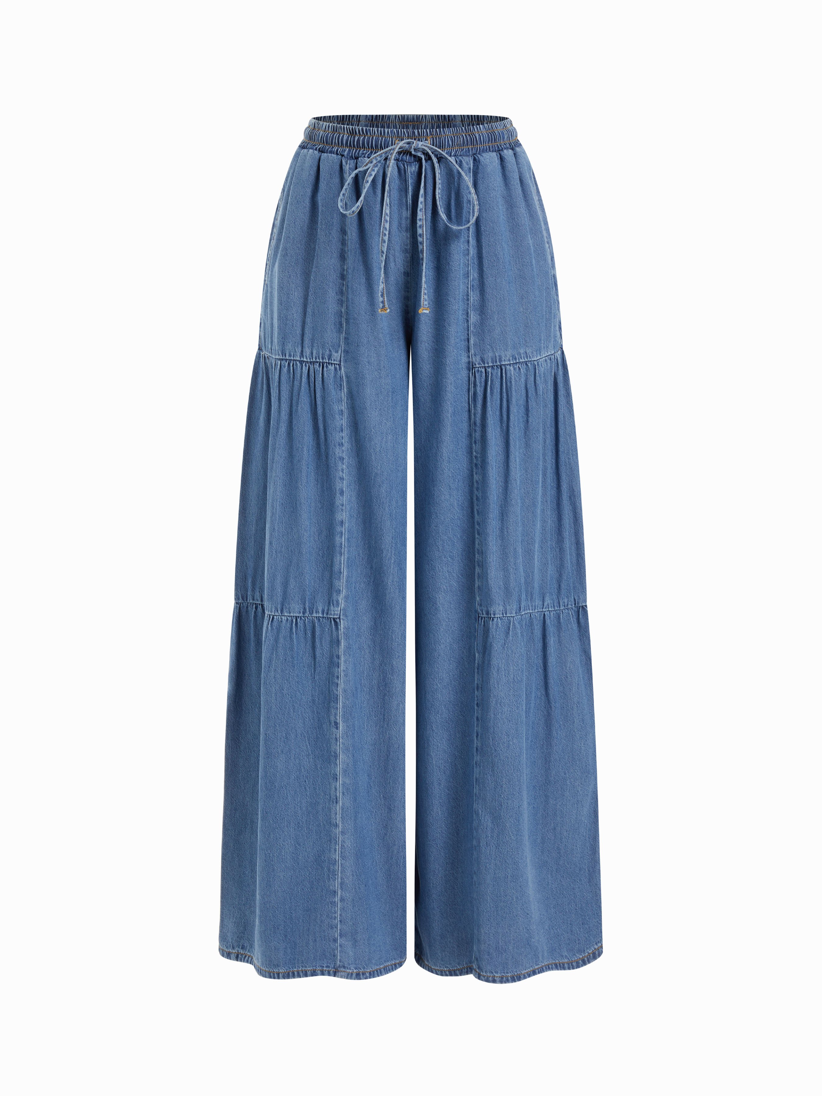 Denim Mid Rise Drawstring Ruched Wide Leg Jeans - Indigo