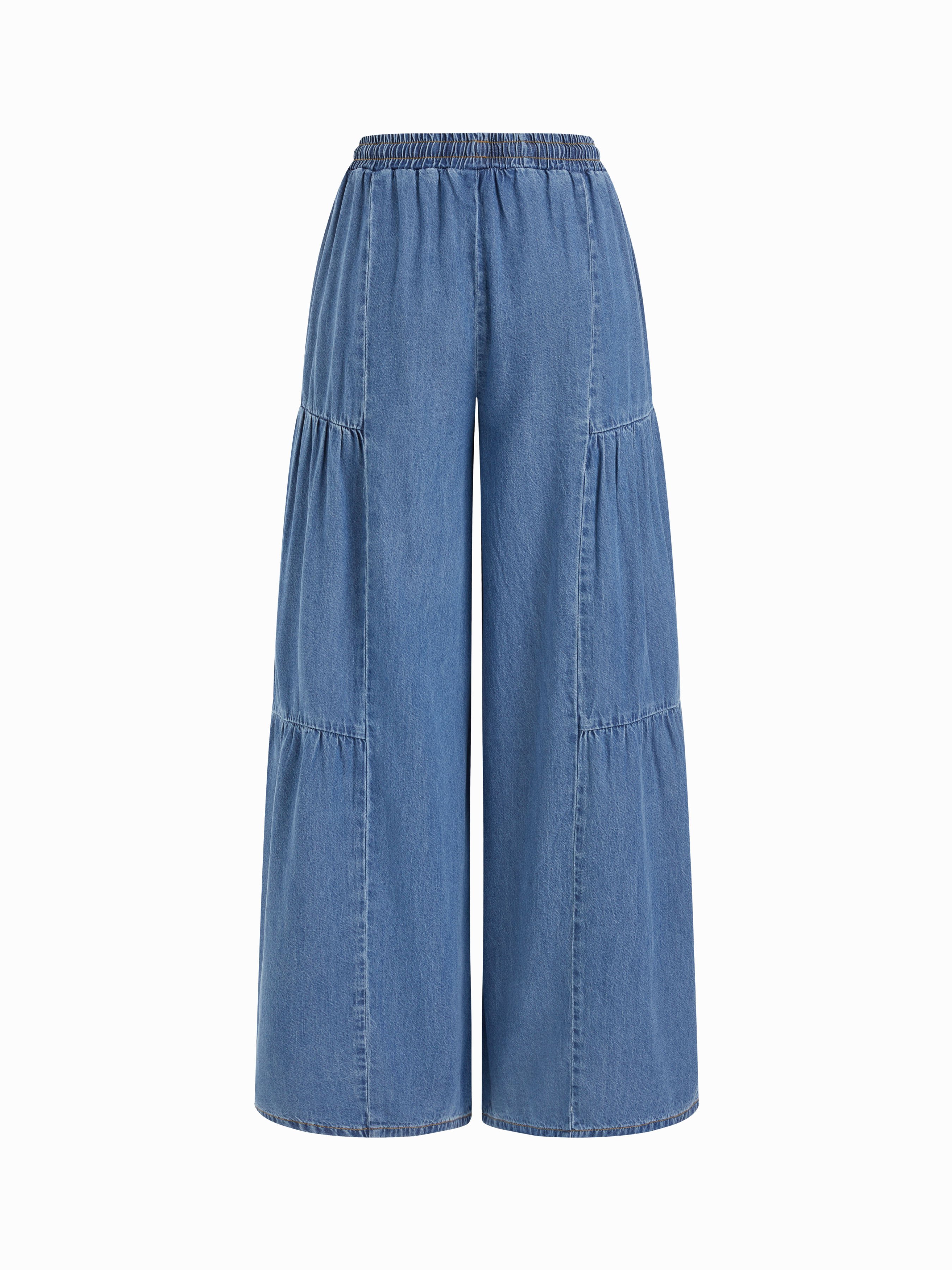Denim Mid Rise Drawstring Ruched Wide Leg Jeans - Indigo