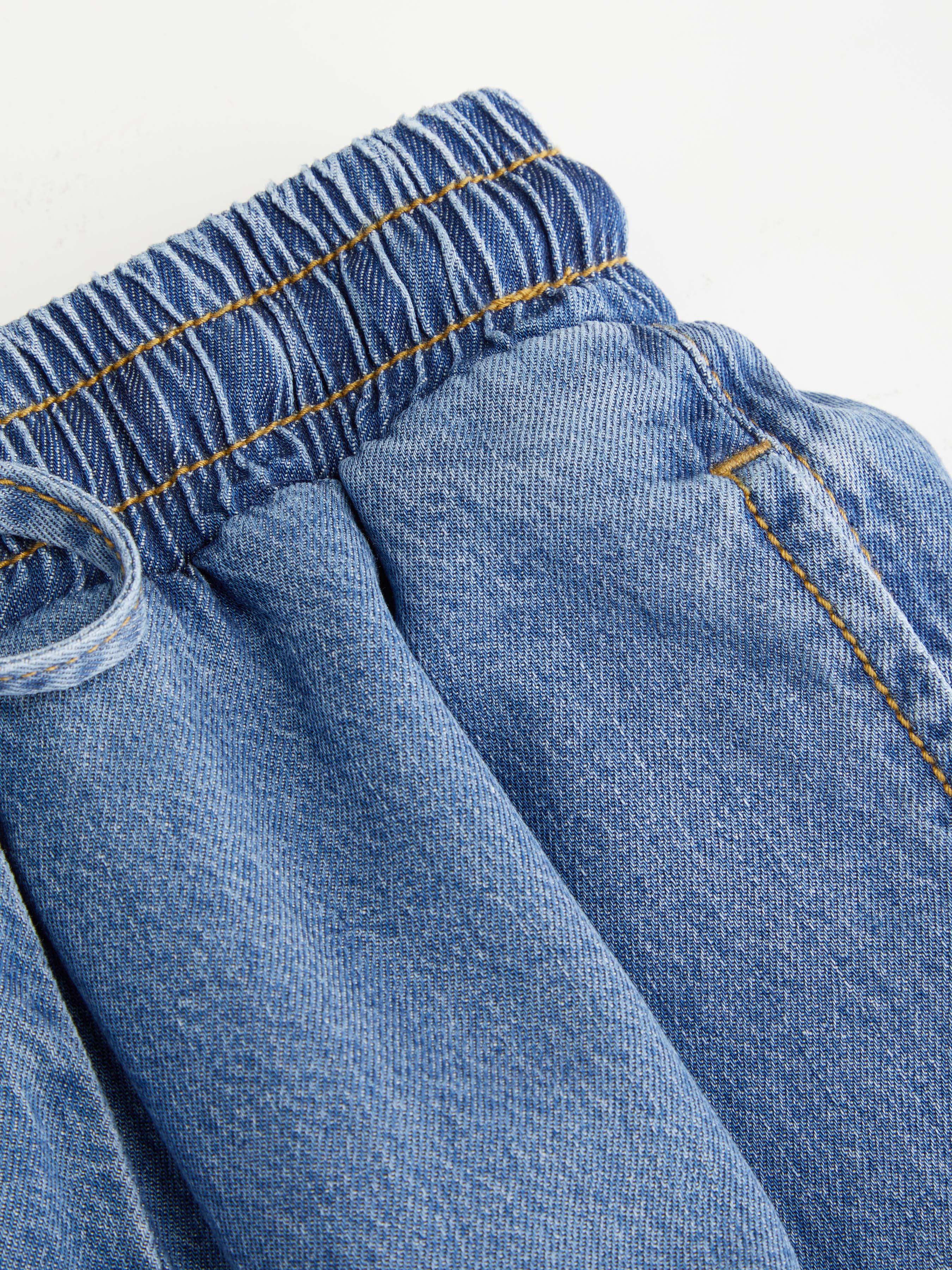 Denim Mid Rise Drawstring Ruched Wide Leg Jeans - Indigo