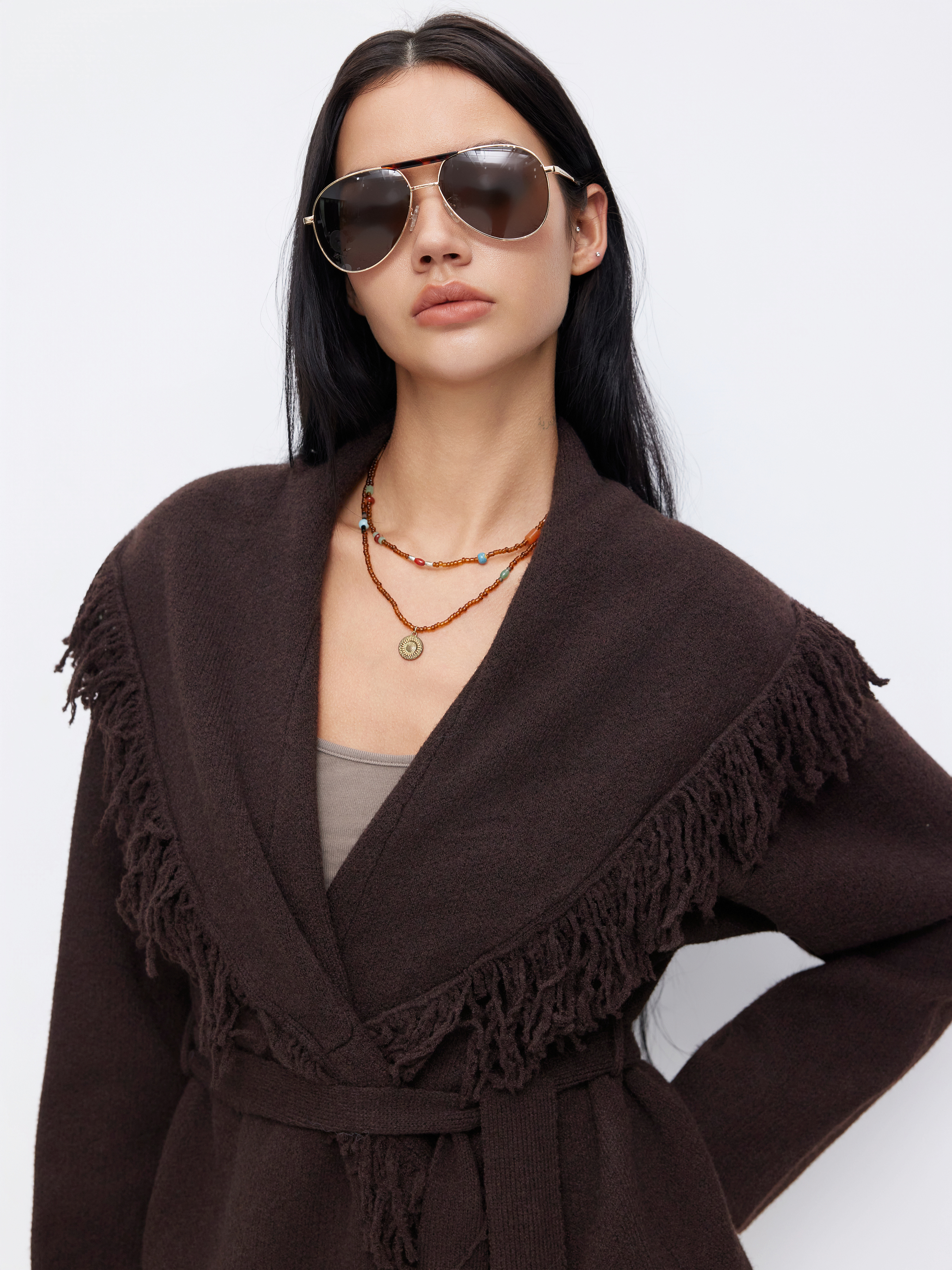 Fringed Wool-blend Knit Wrap Cardigan With Belt - Coffee