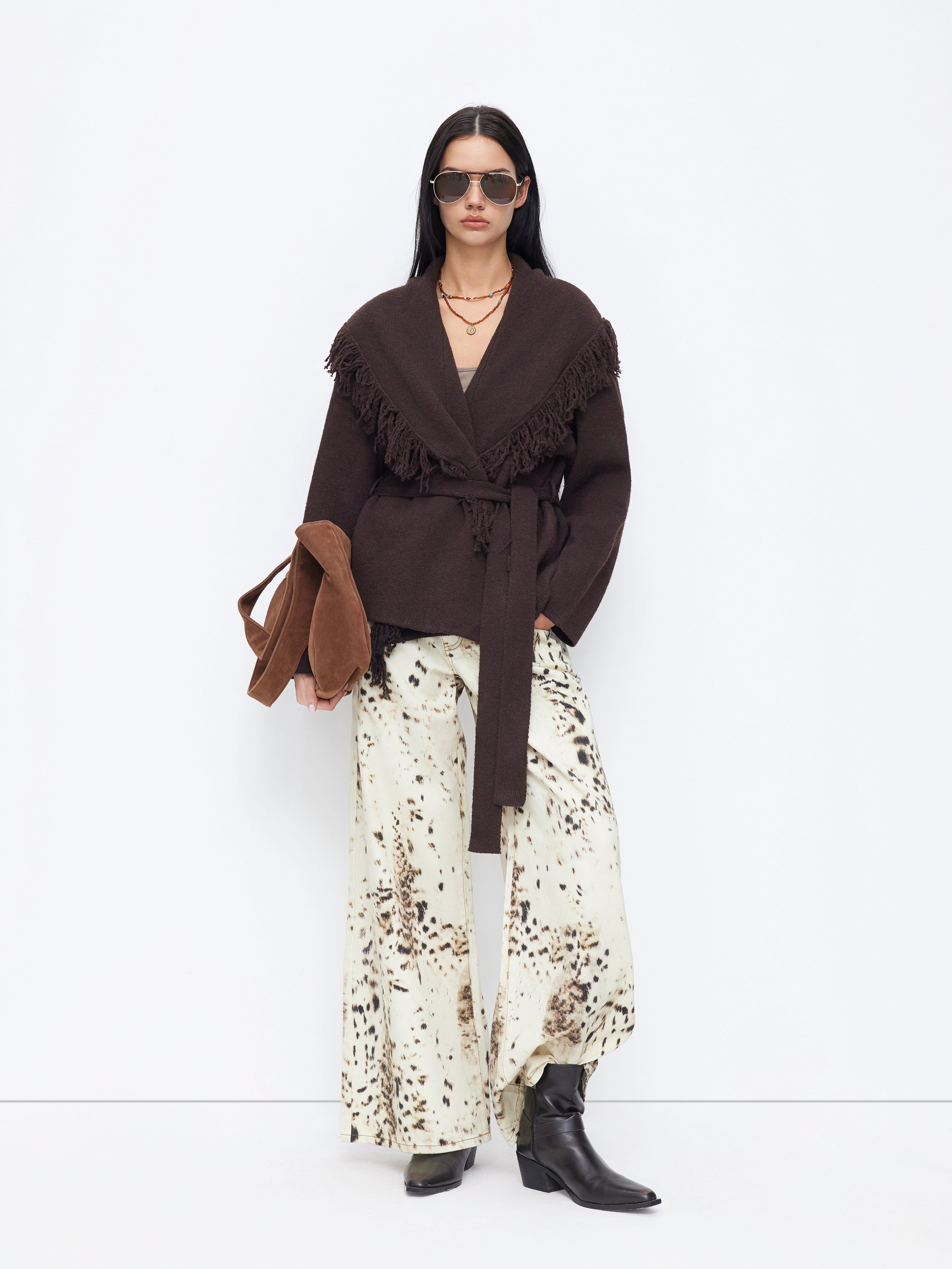 Fringed Wool-blend Knit Wrap Cardigan With Belt - Coffee