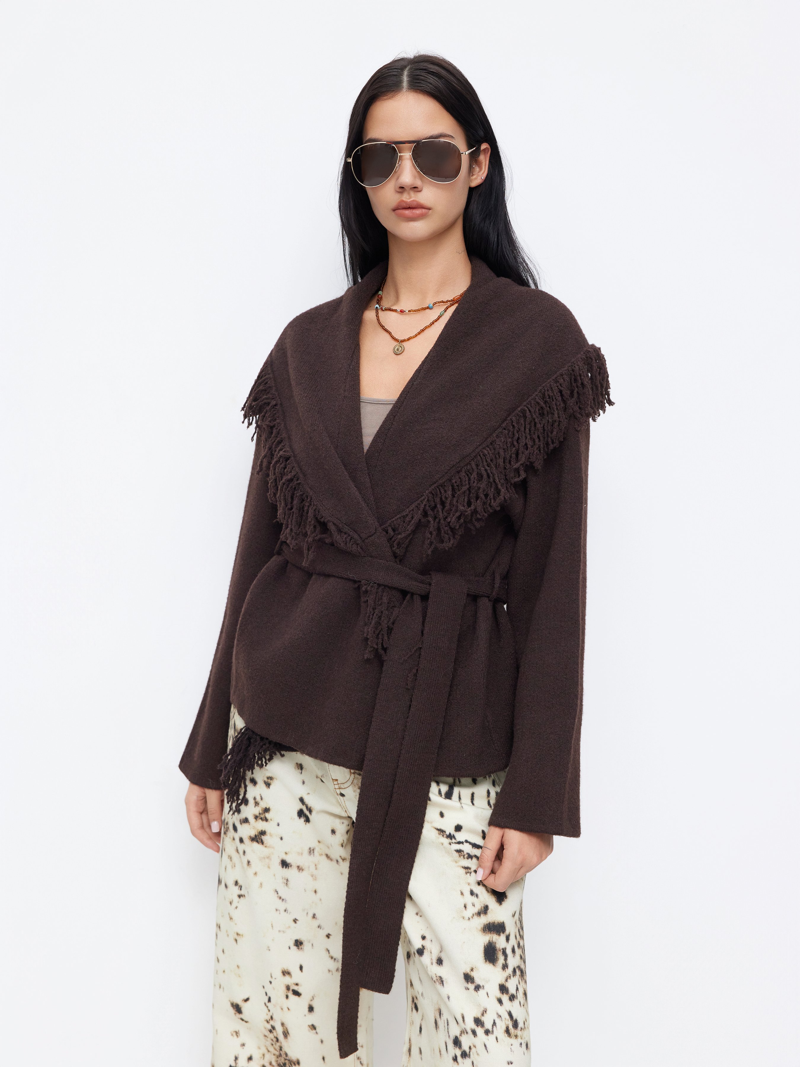 Fringed Wool-blend Knit Wrap Cardigan With Belt - Coffee