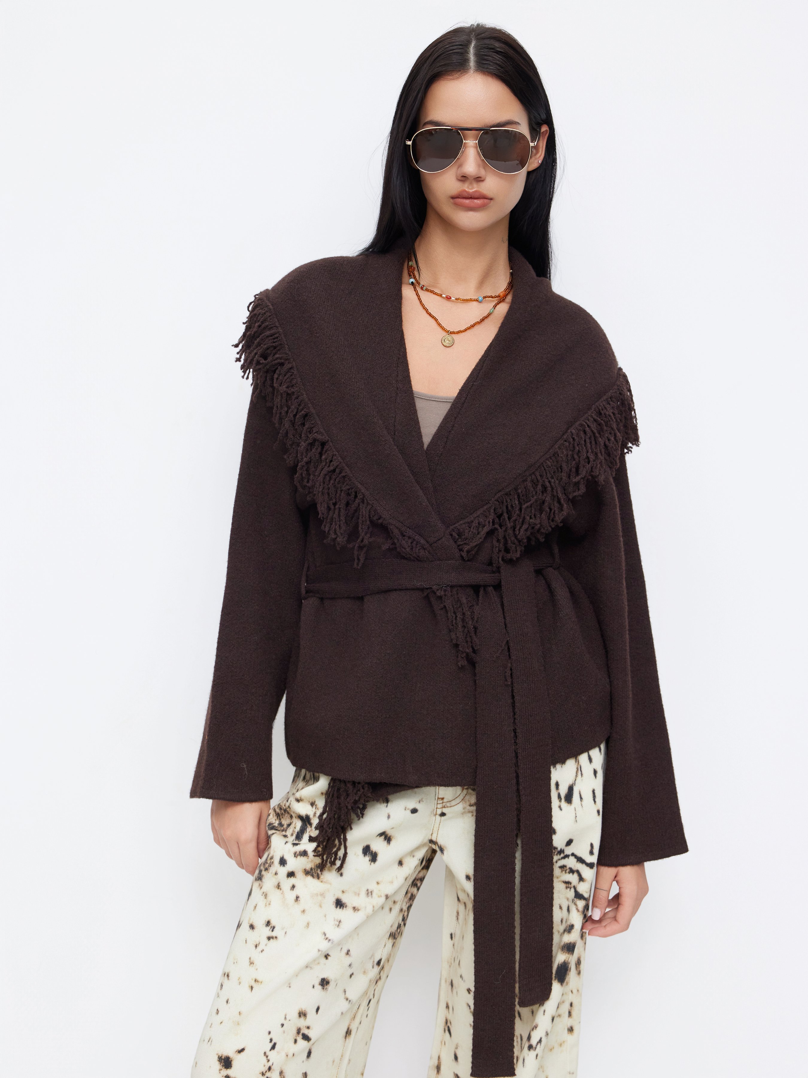 Fringed Wool-blend Knit Wrap Cardigan With Belt - Coffee