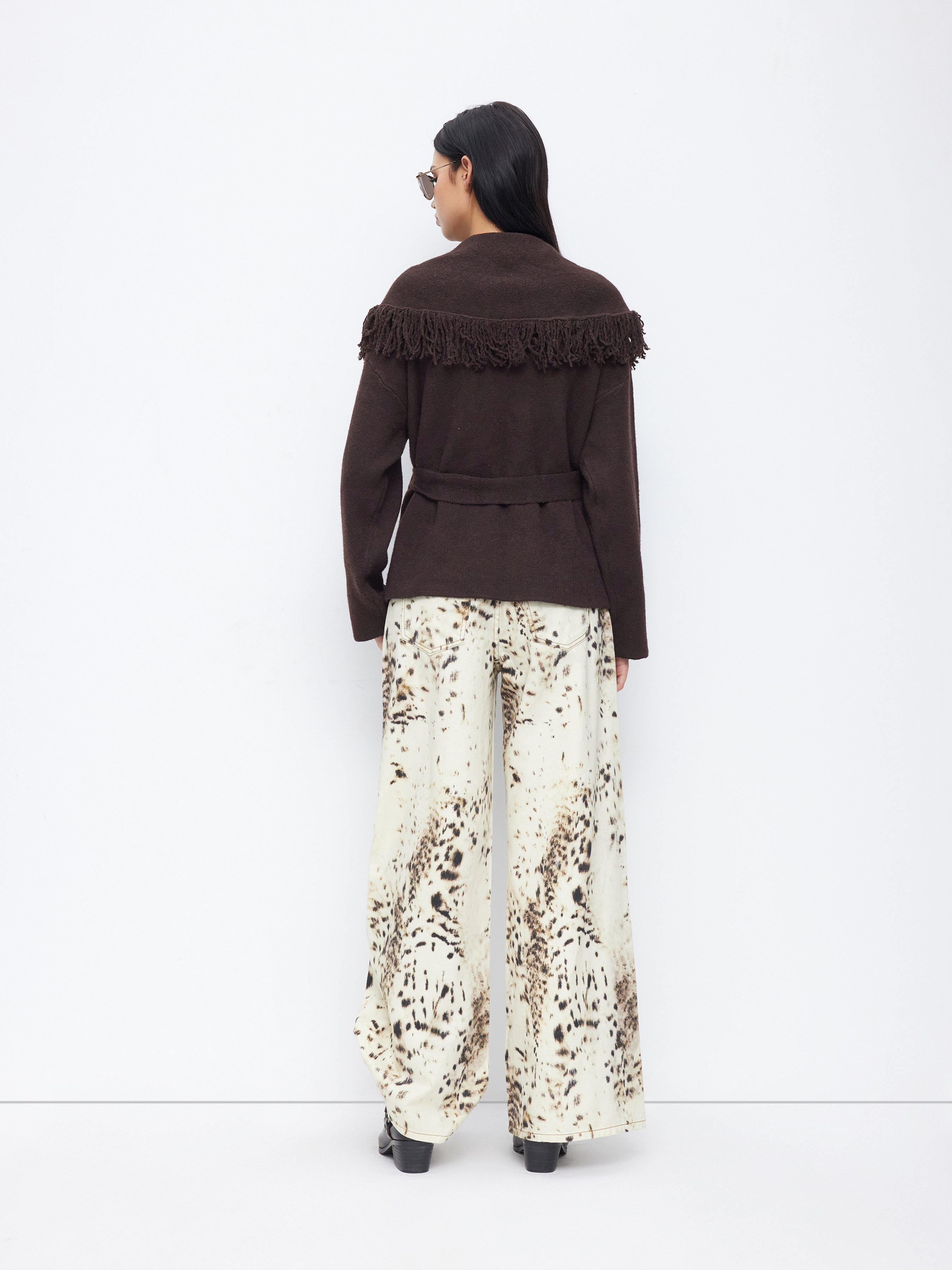 Fringed Wool-blend Knit Wrap Cardigan With Belt - Coffee