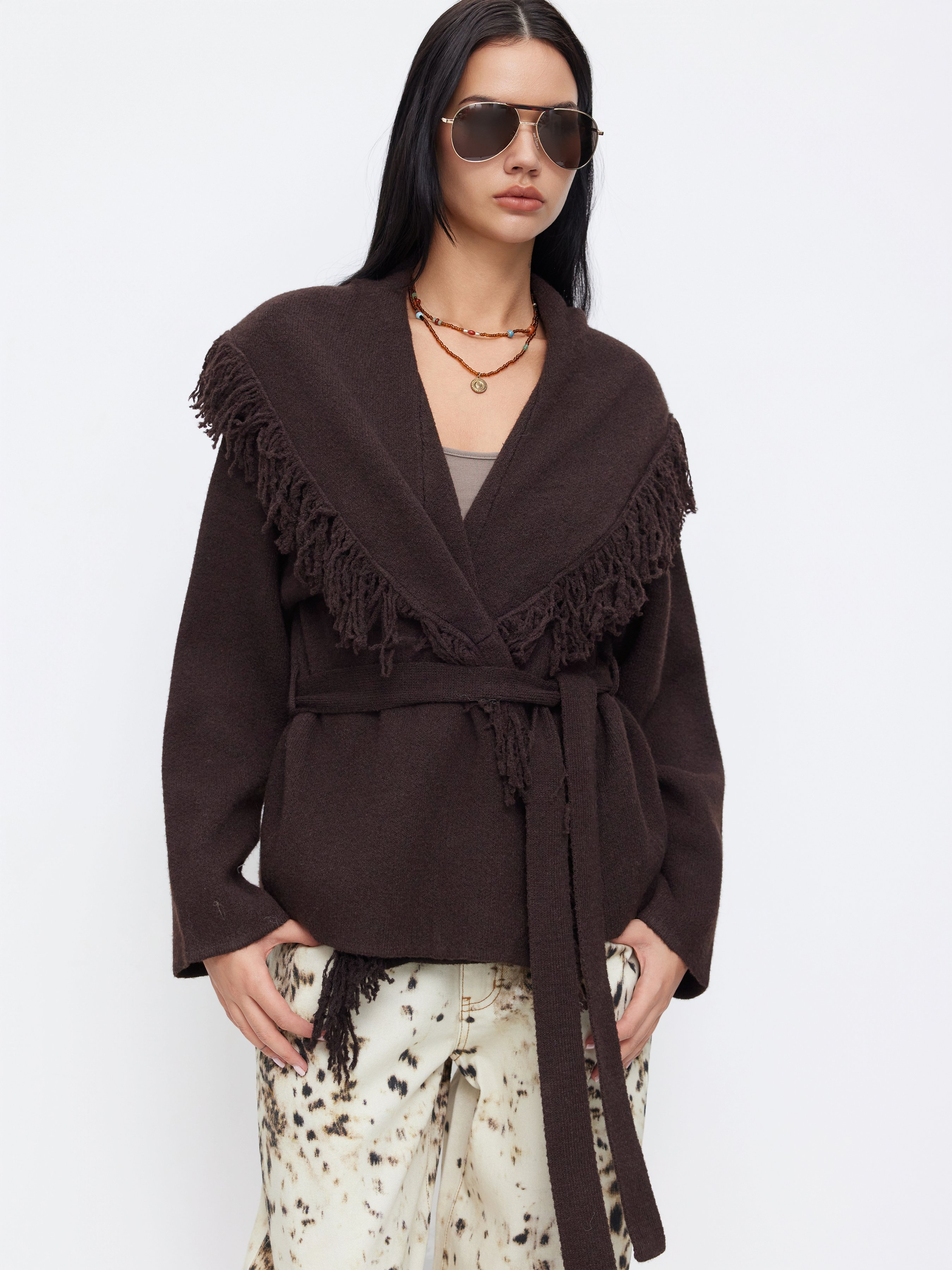 Fringed Wool-blend Knit Wrap Cardigan With Belt - Coffee
