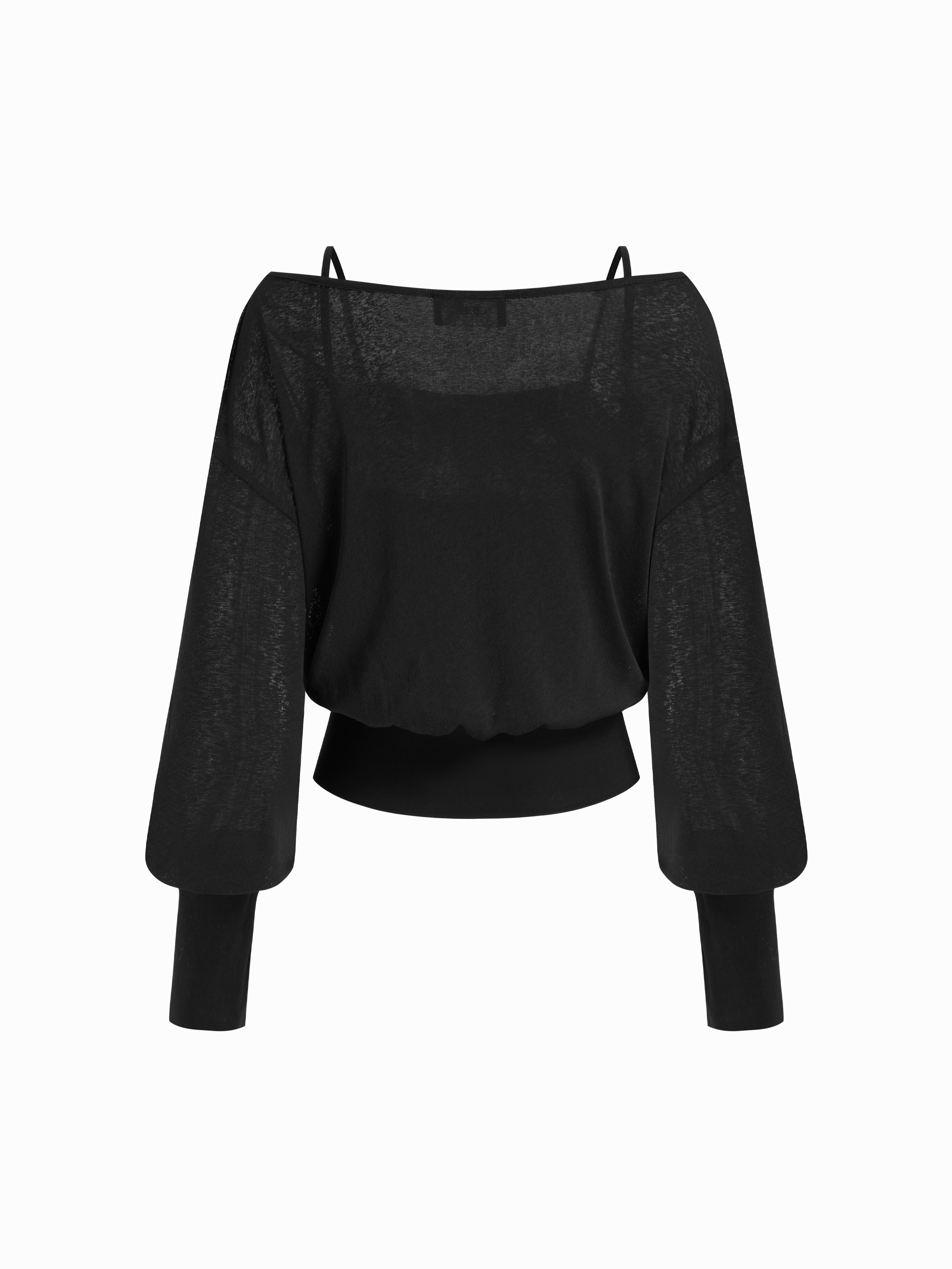 Cotton-blend Textured Asymmetrical Neck Lantern Sleeve Oversized Top & Cami Top - Black