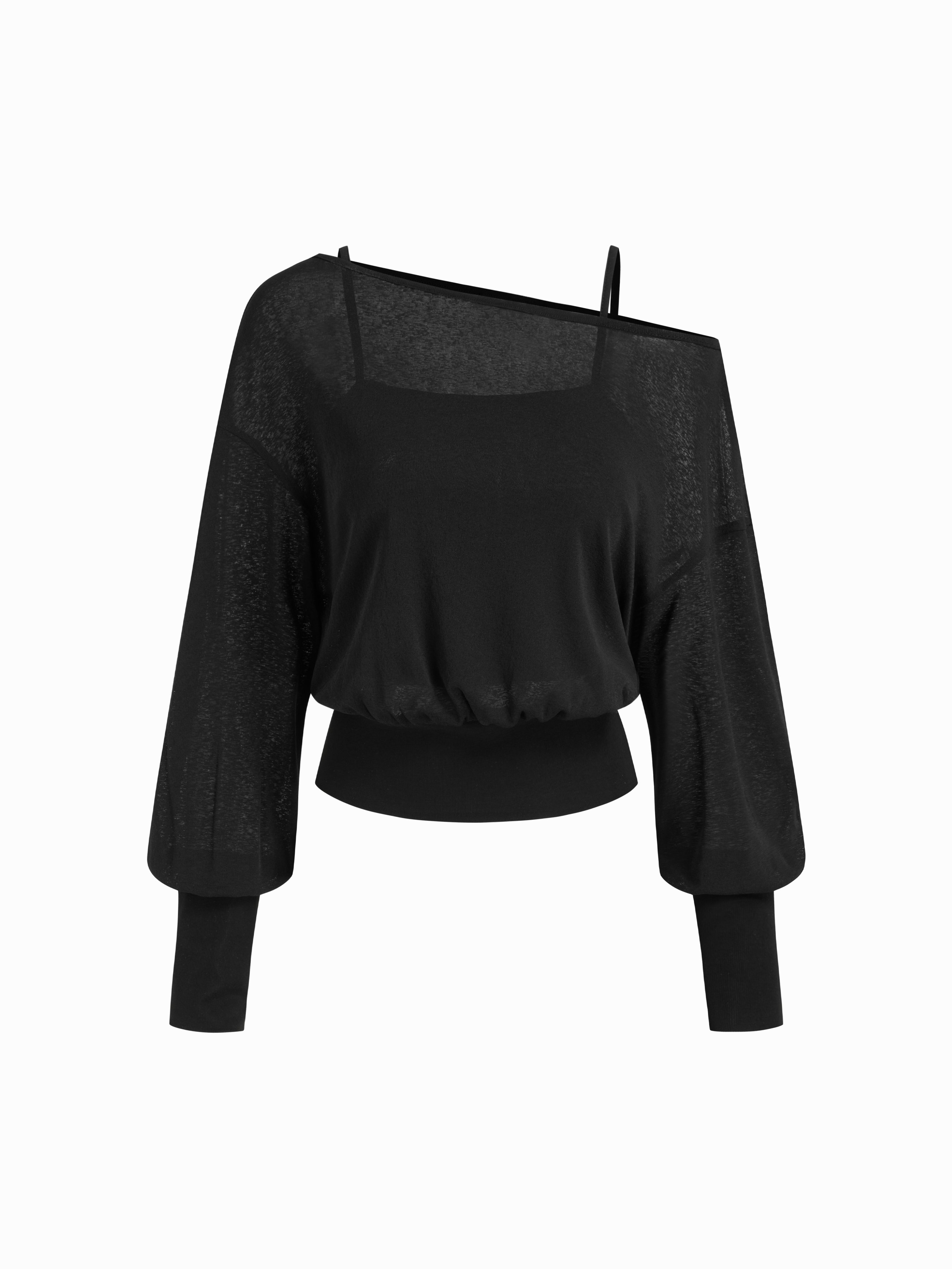 Cotton-blend Textured Asymmetrical Neck Lantern Sleeve Oversized Top & Cami Top - Black
