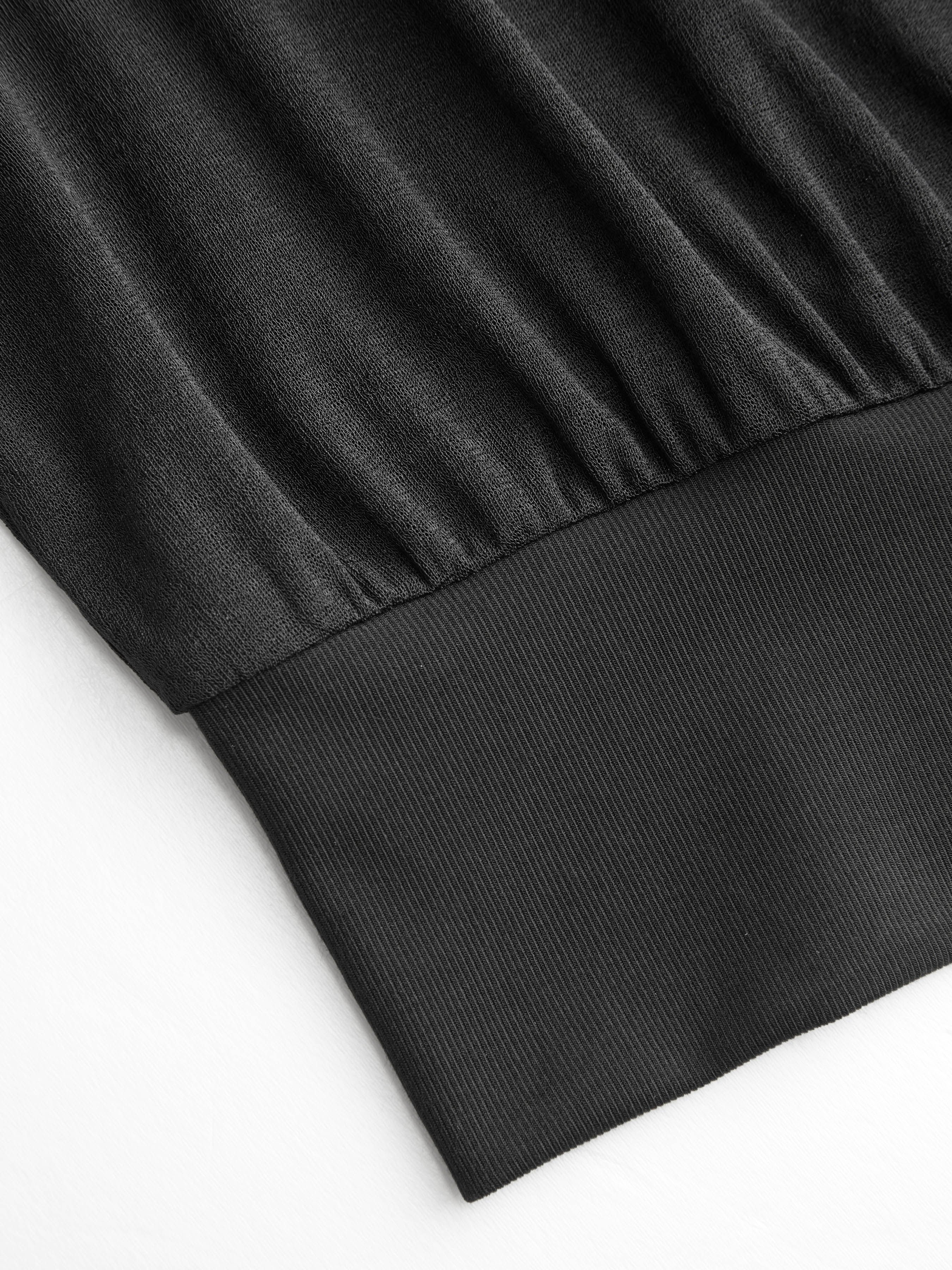 Cotton-blend Textured Asymmetrical Neck Lantern Sleeve Oversized Top & Cami Top - Black