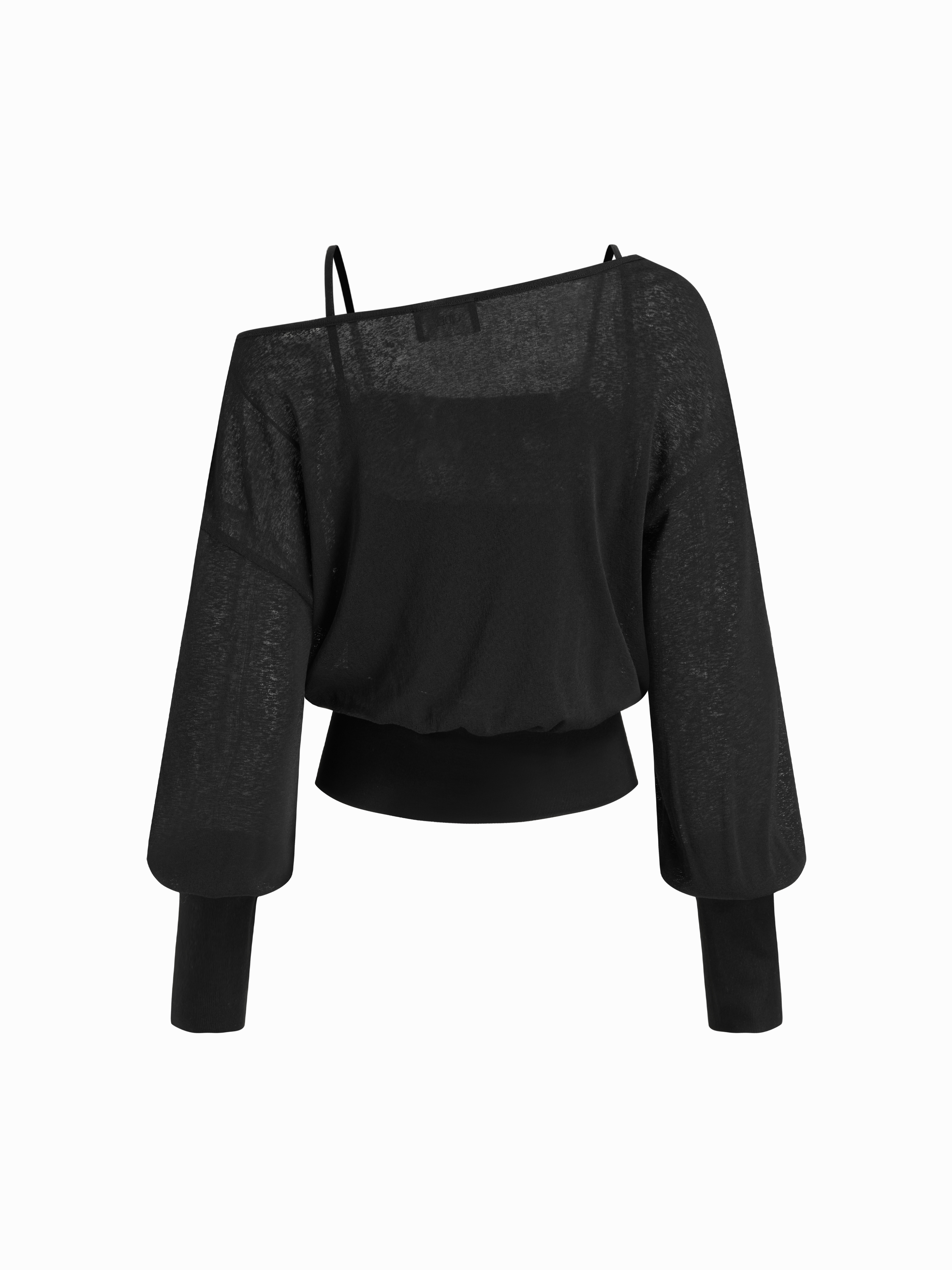 Cotton-blend Textured Asymmetrical Neck Lantern Sleeve Oversized Top & Cami Top - Black