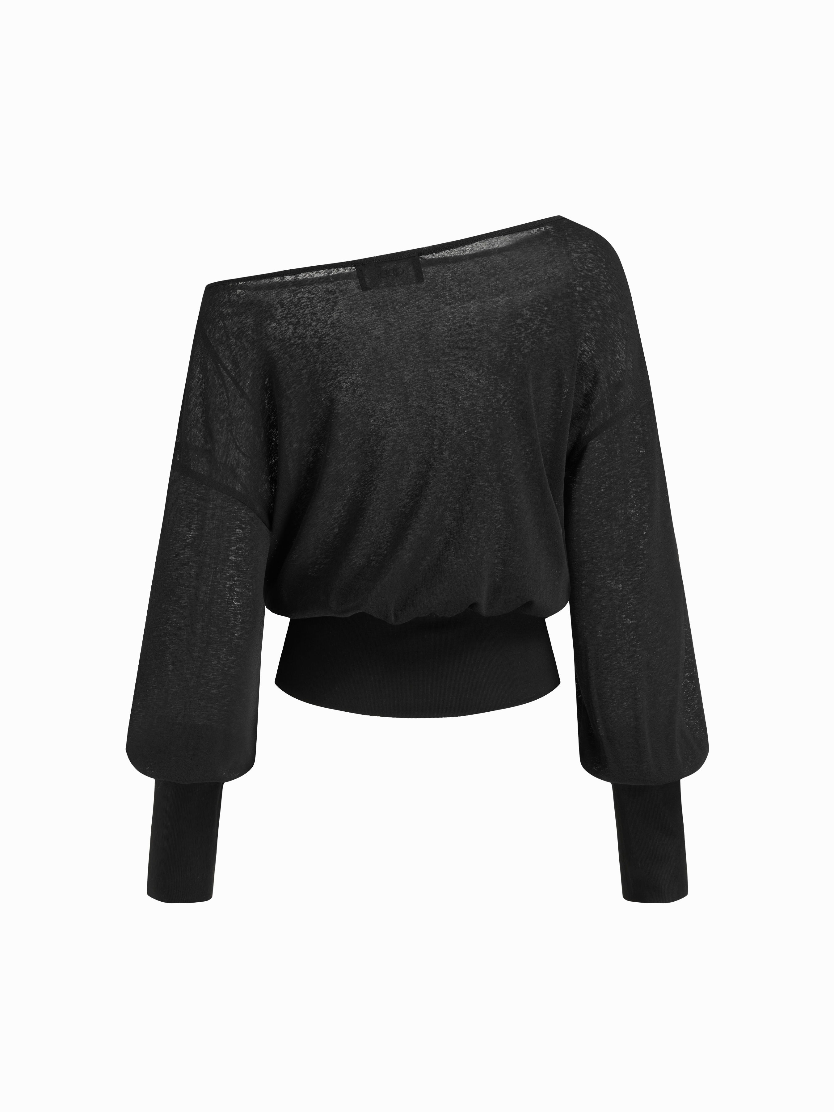 Cotton-blend Textured Asymmetrical Neck Lantern Sleeve Oversized Top & Cami Top - Black