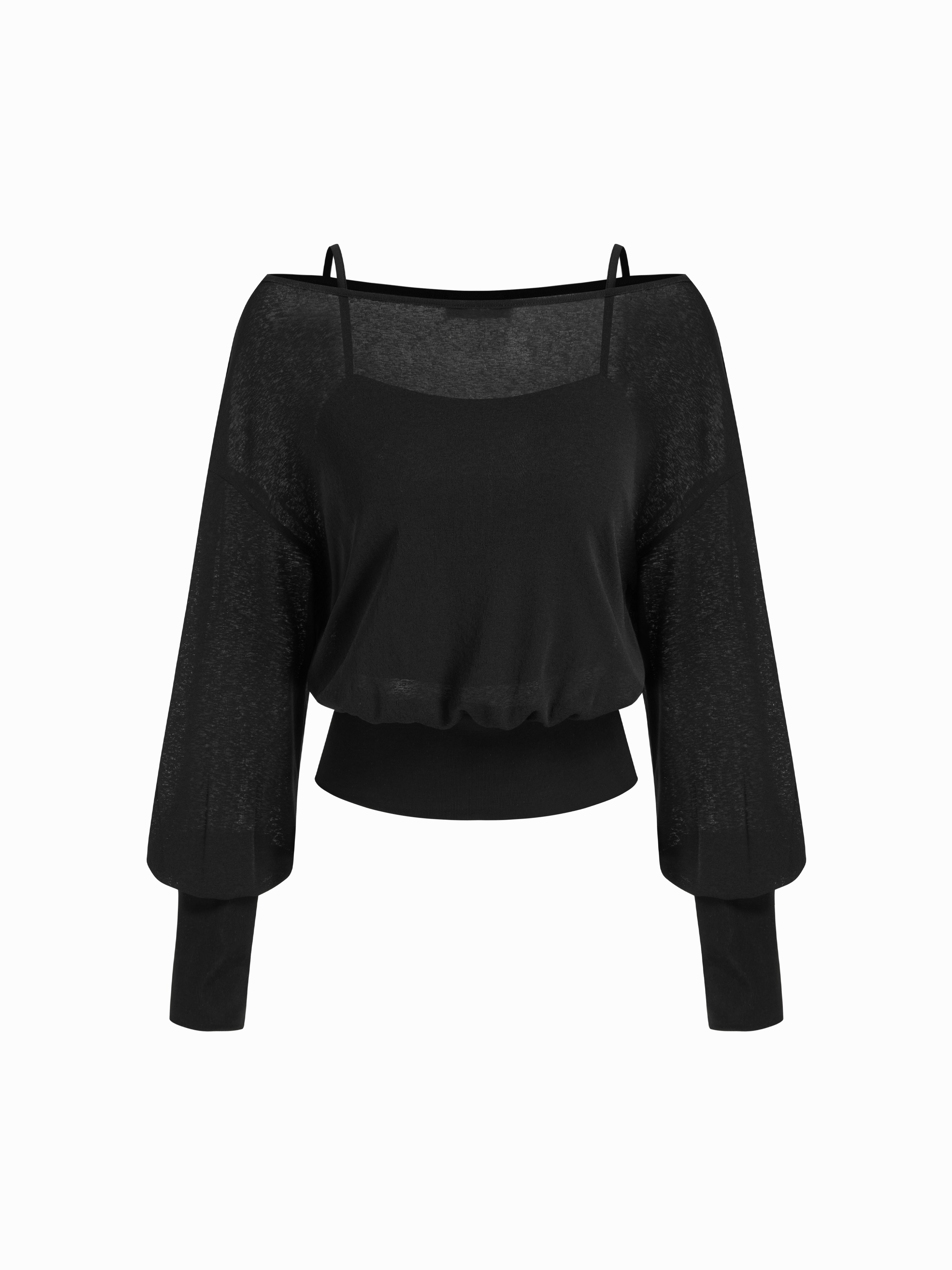 Cotton-blend Textured Asymmetrical Neck Lantern Sleeve Oversized Top & Cami Top - Black