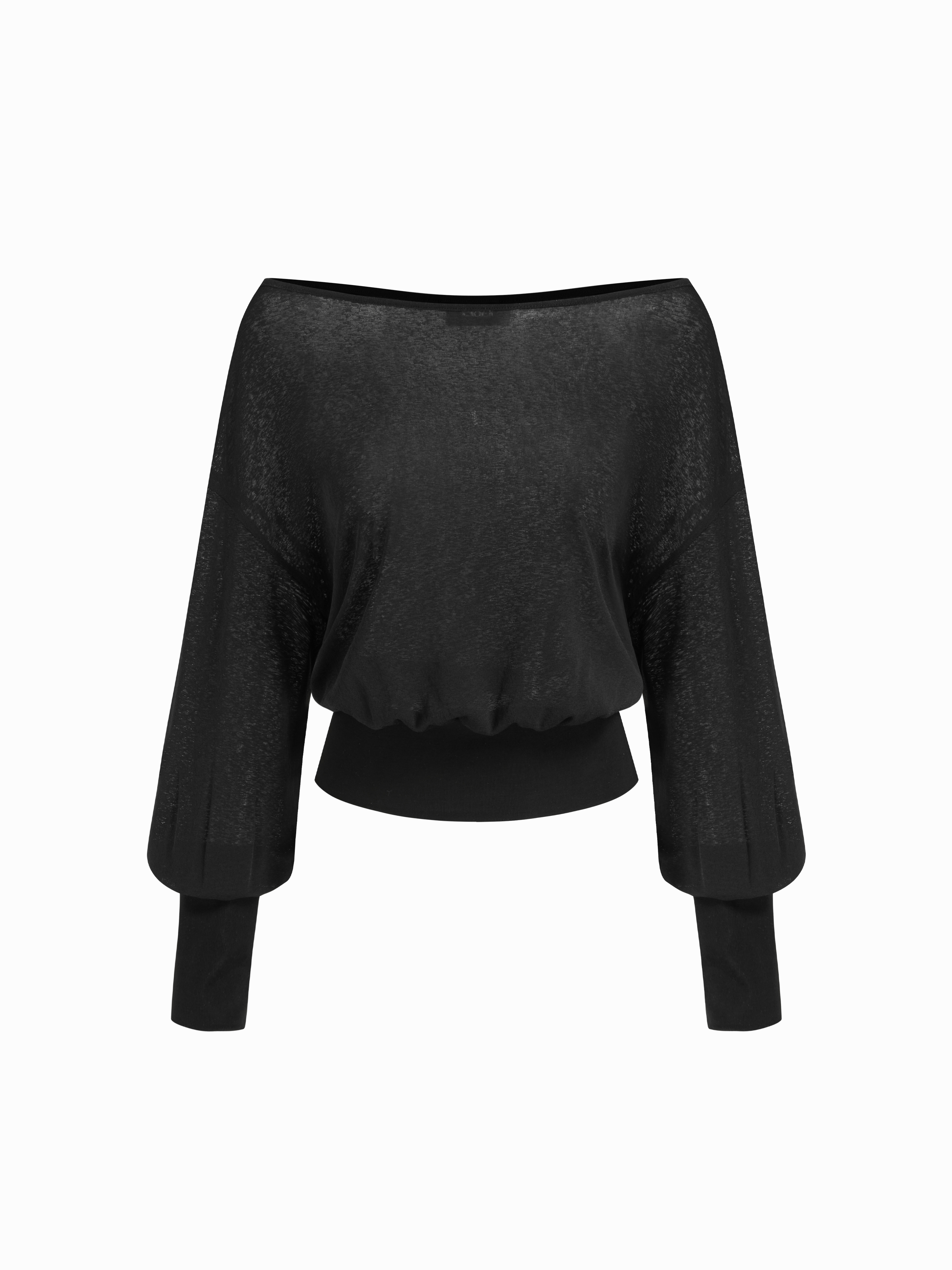 Cotton-blend Textured Asymmetrical Neck Lantern Sleeve Oversized Top & Cami Top - Black