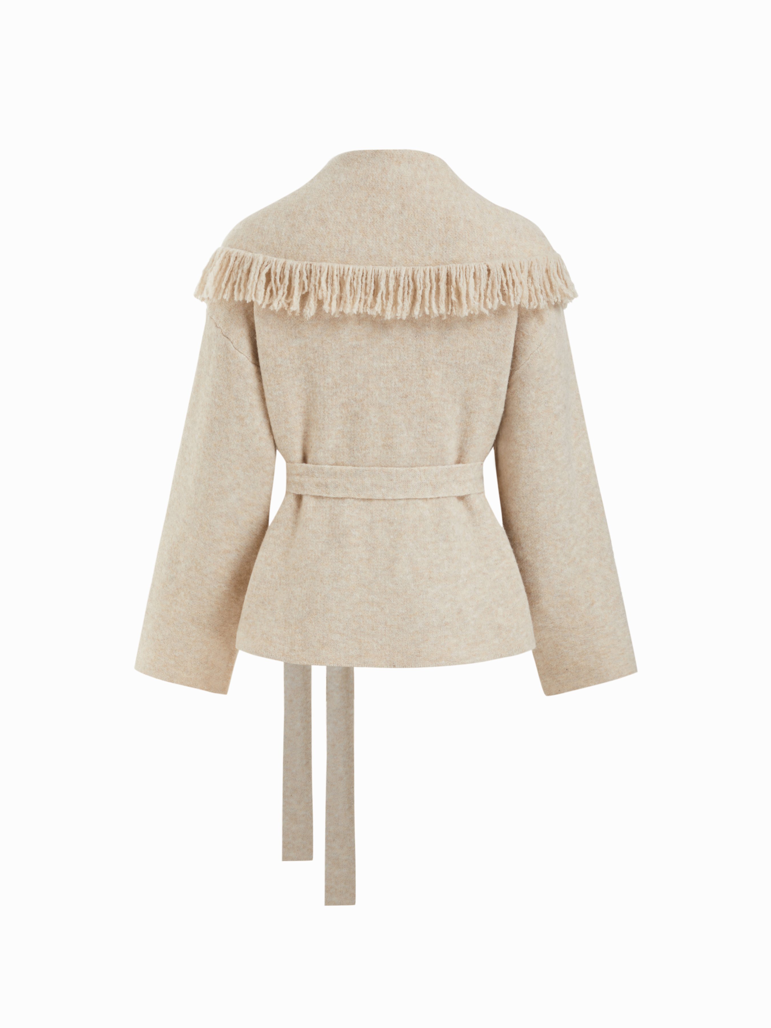 Fringed Wool-blend Knit Wrap Cardigan With Belt - Beige