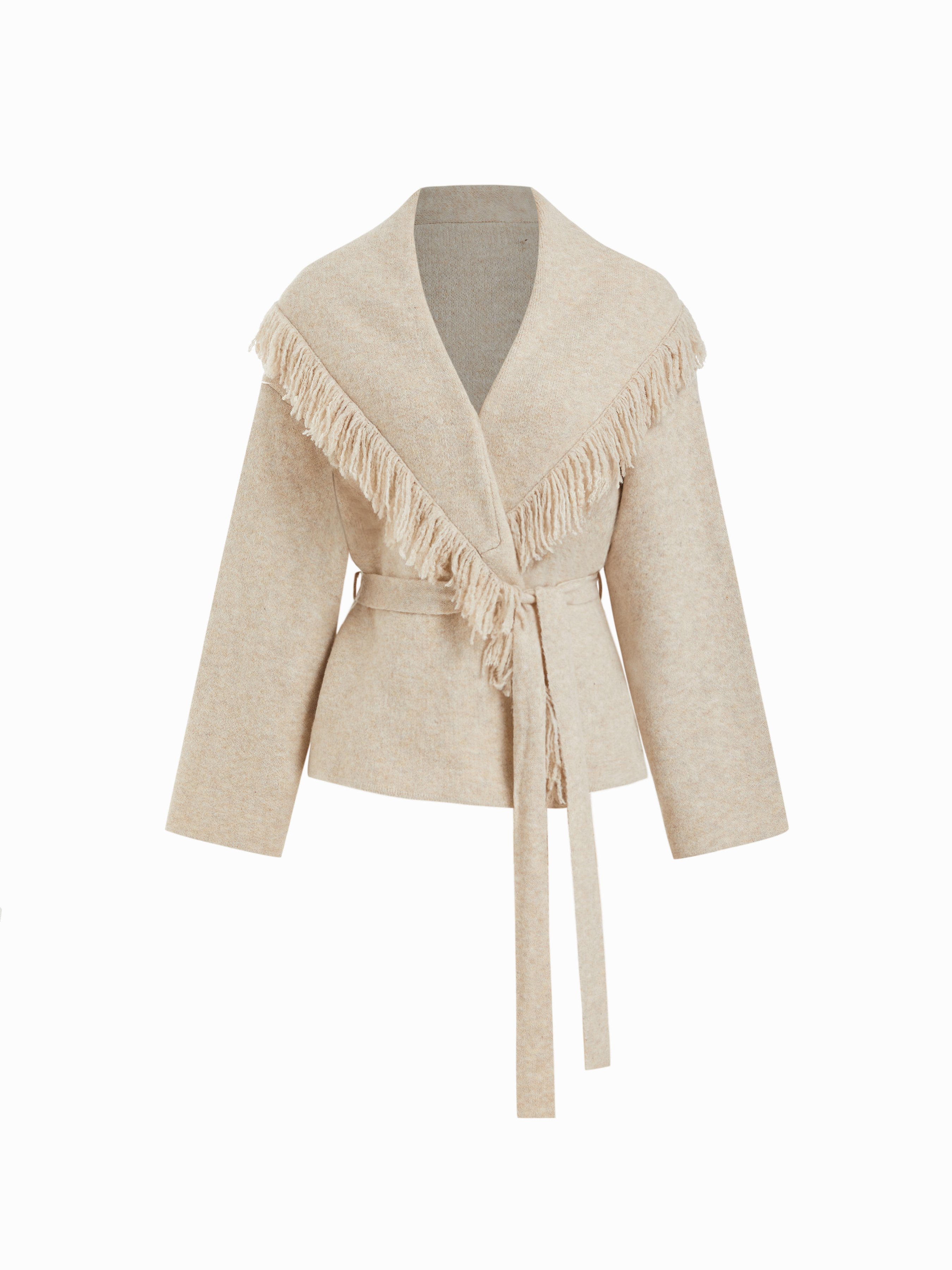 Fringed Wool-blend Knit Wrap Cardigan With Belt - Beige