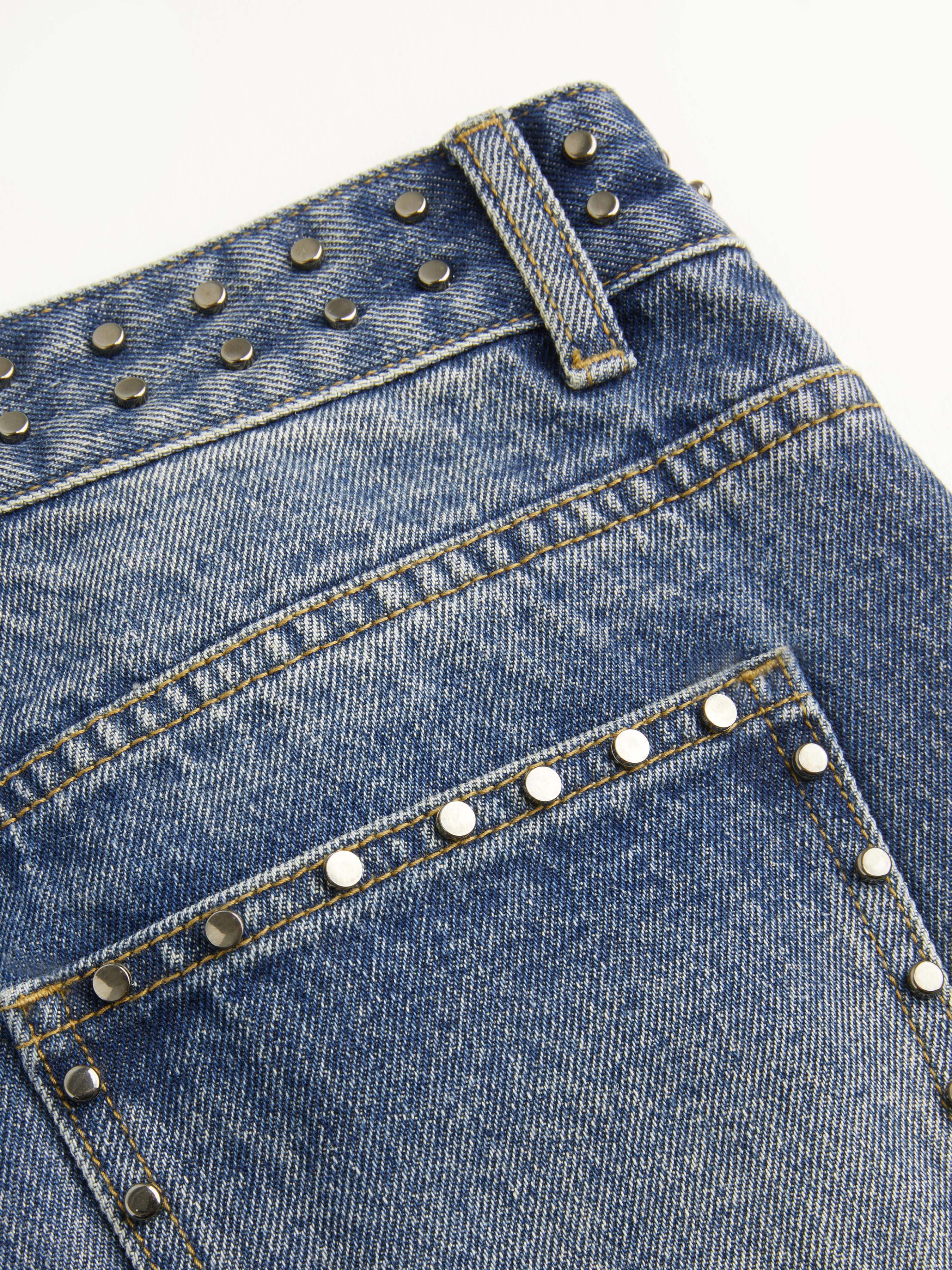 Washed Denim Low Rise Studded Straight Leg Jeans