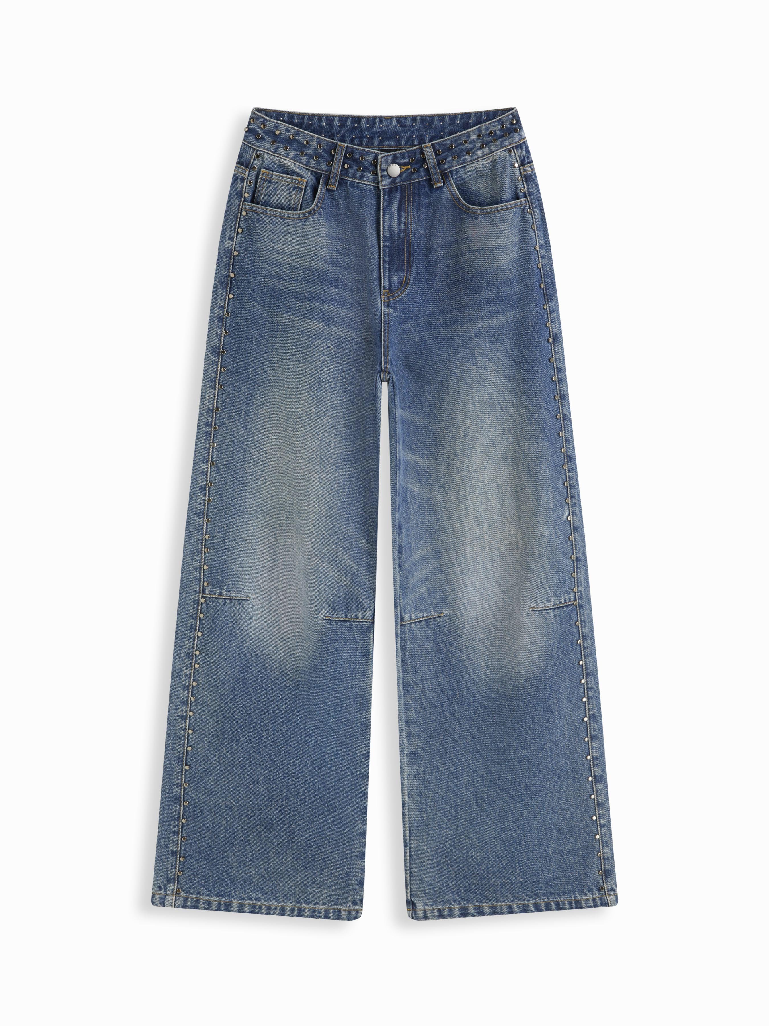 Washed Denim Low Rise Studded Straight Leg Jeans