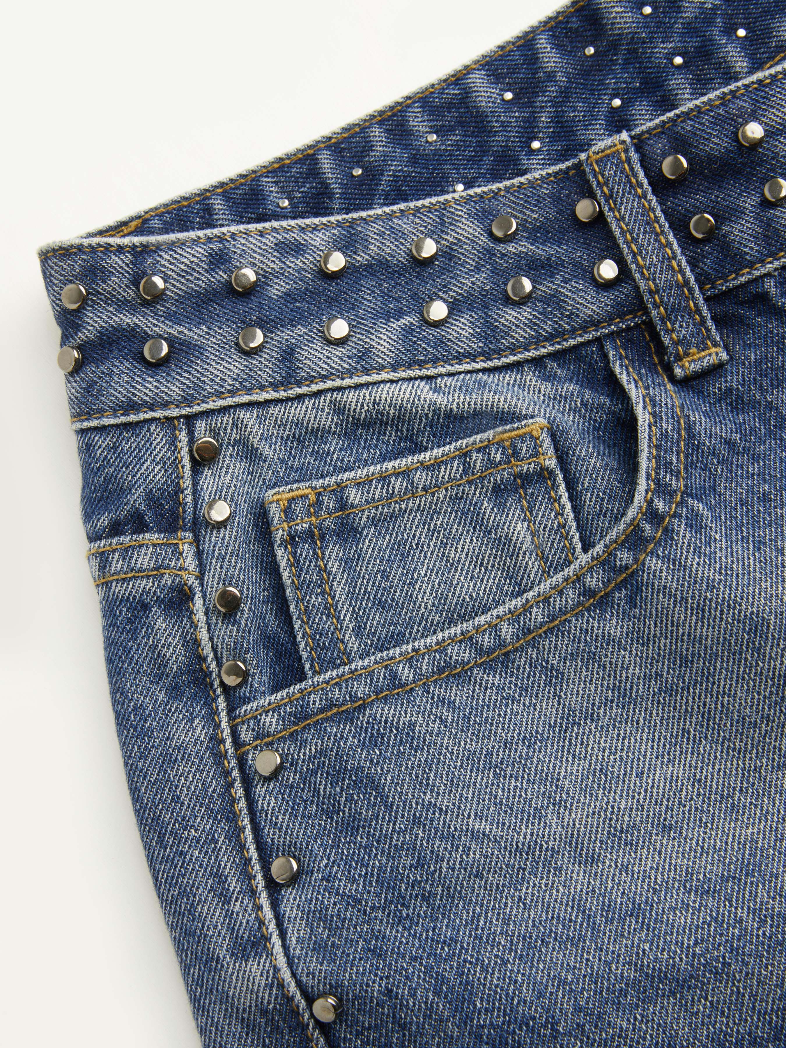 Washed Denim Low Rise Studded Straight Leg Jeans