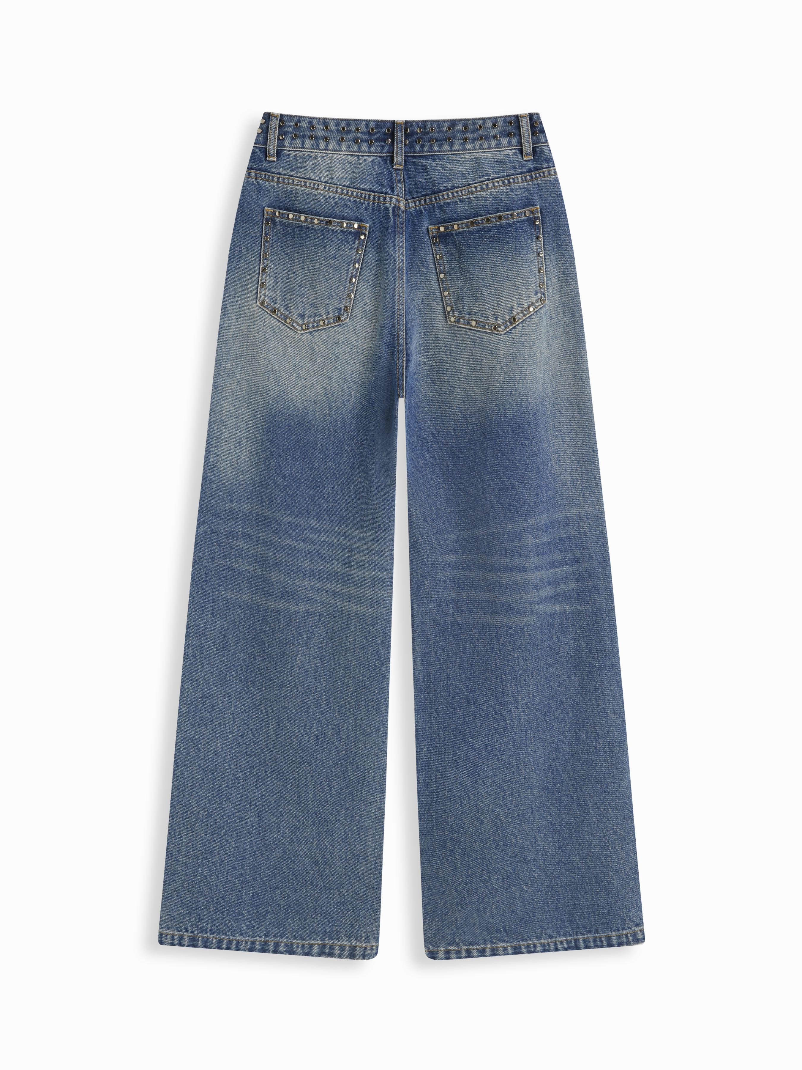 Washed Denim Low Rise Studded Straight Leg Jeans