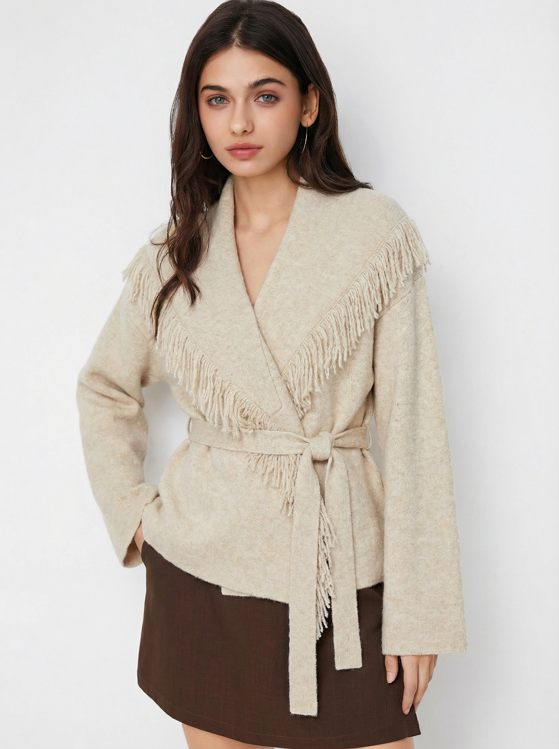 Fringed Wool-blend Knit Wrap Cardigan With Belt - Beige