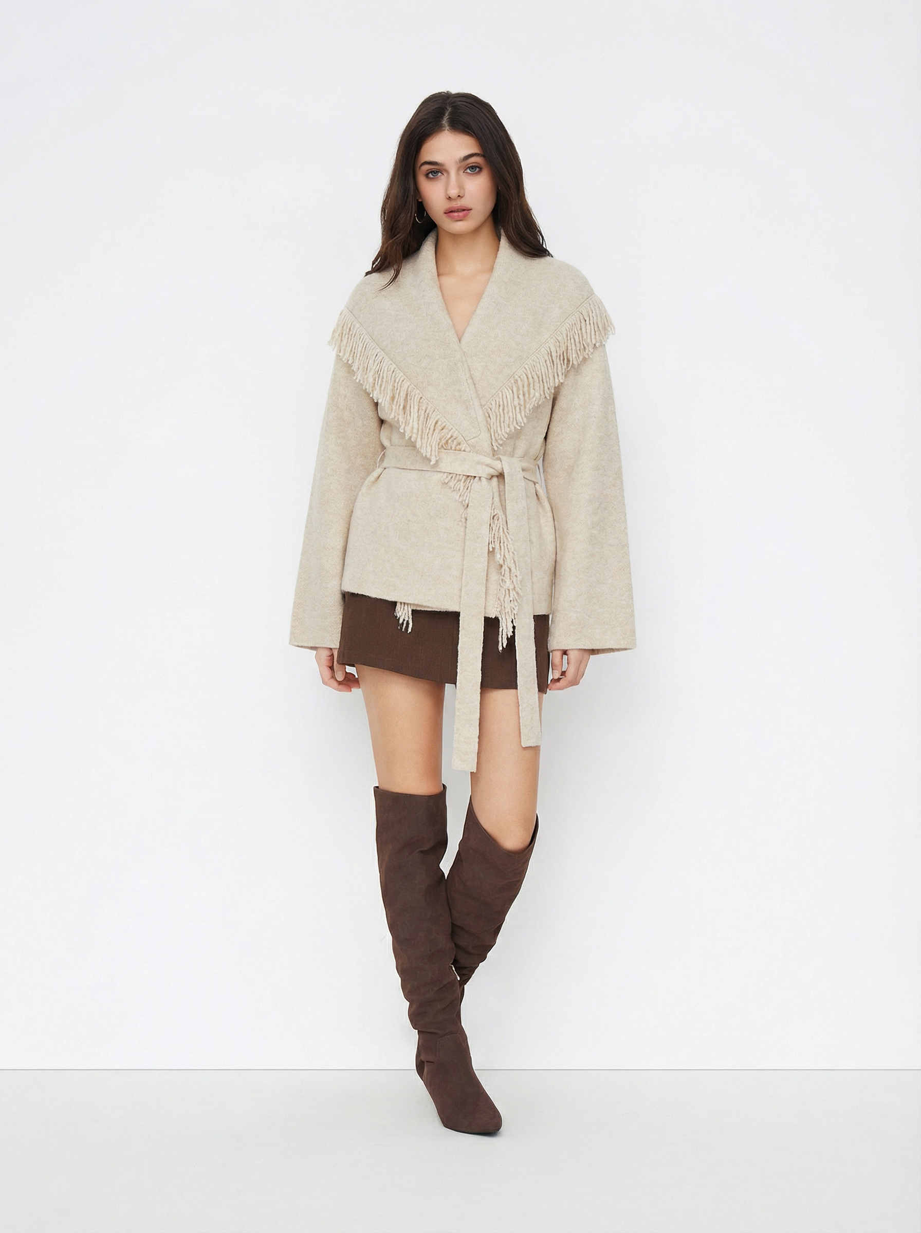 Fringed Wool-blend Knit Wrap Cardigan With Belt - Beige