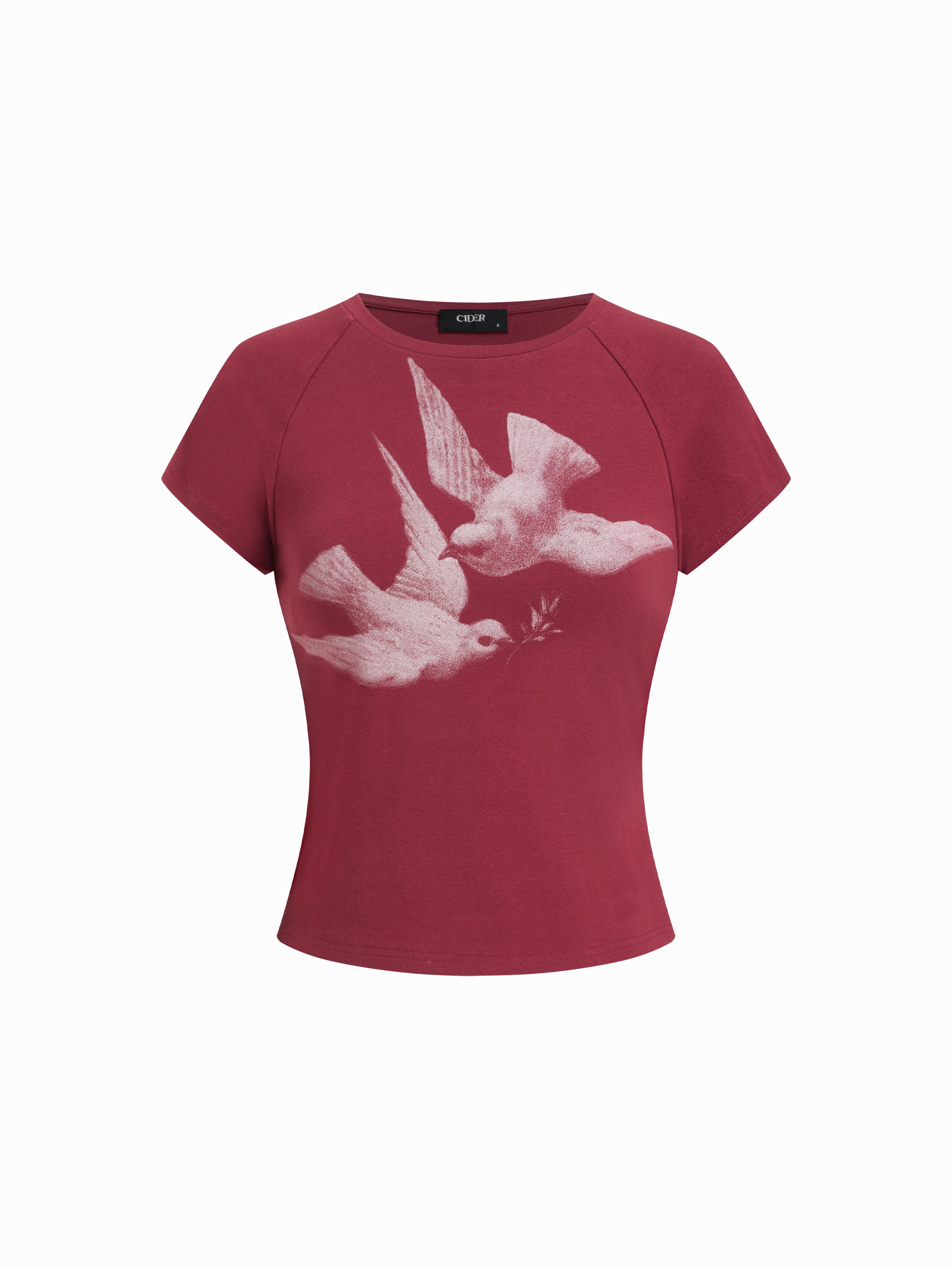 Bird Graphic Cotton Raglan Sleeve Crop Tee - Wine