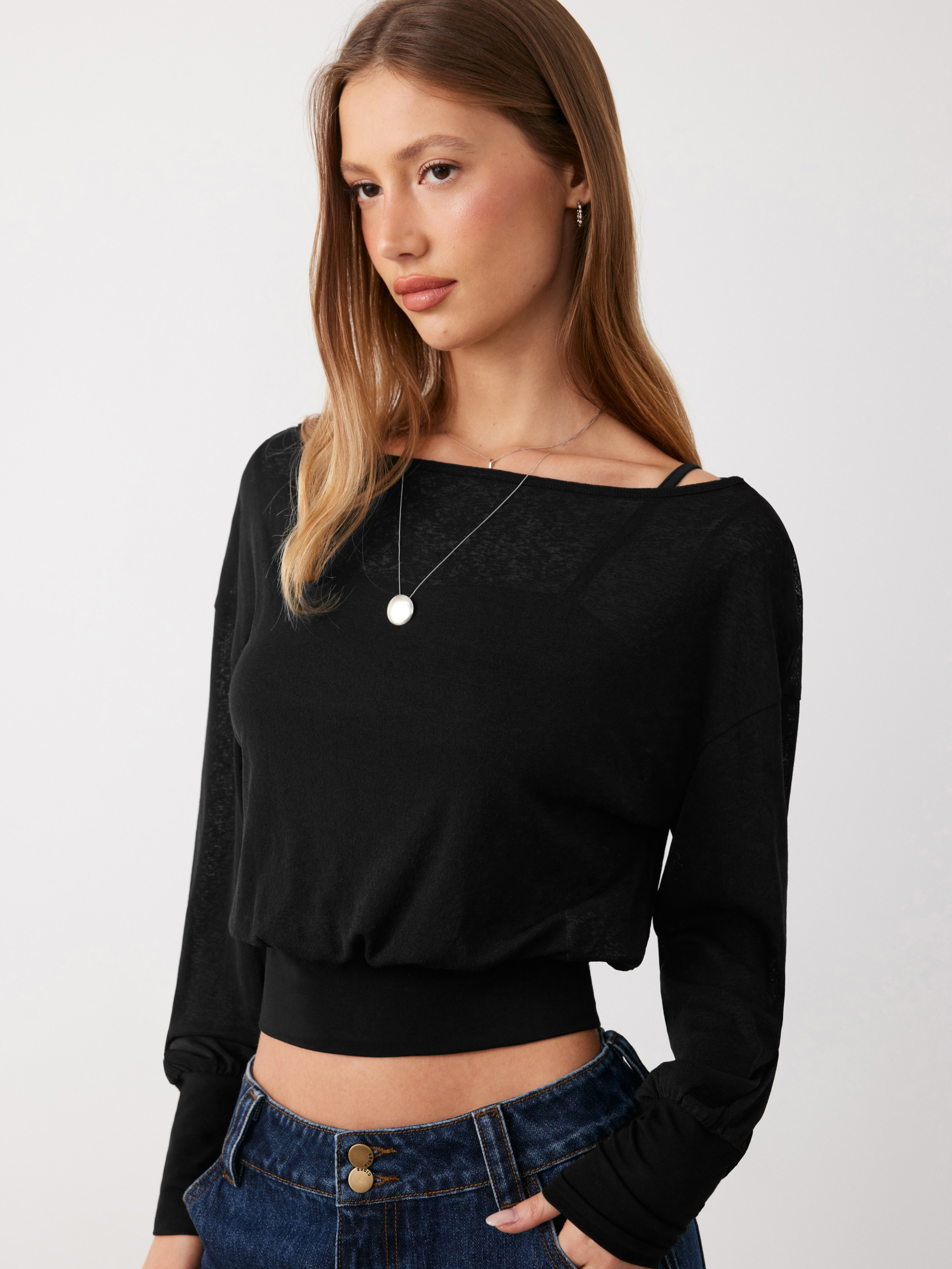 Cotton-blend Textured Asymmetrical Neck Lantern Sleeve Oversized Top & Cami Top - Black