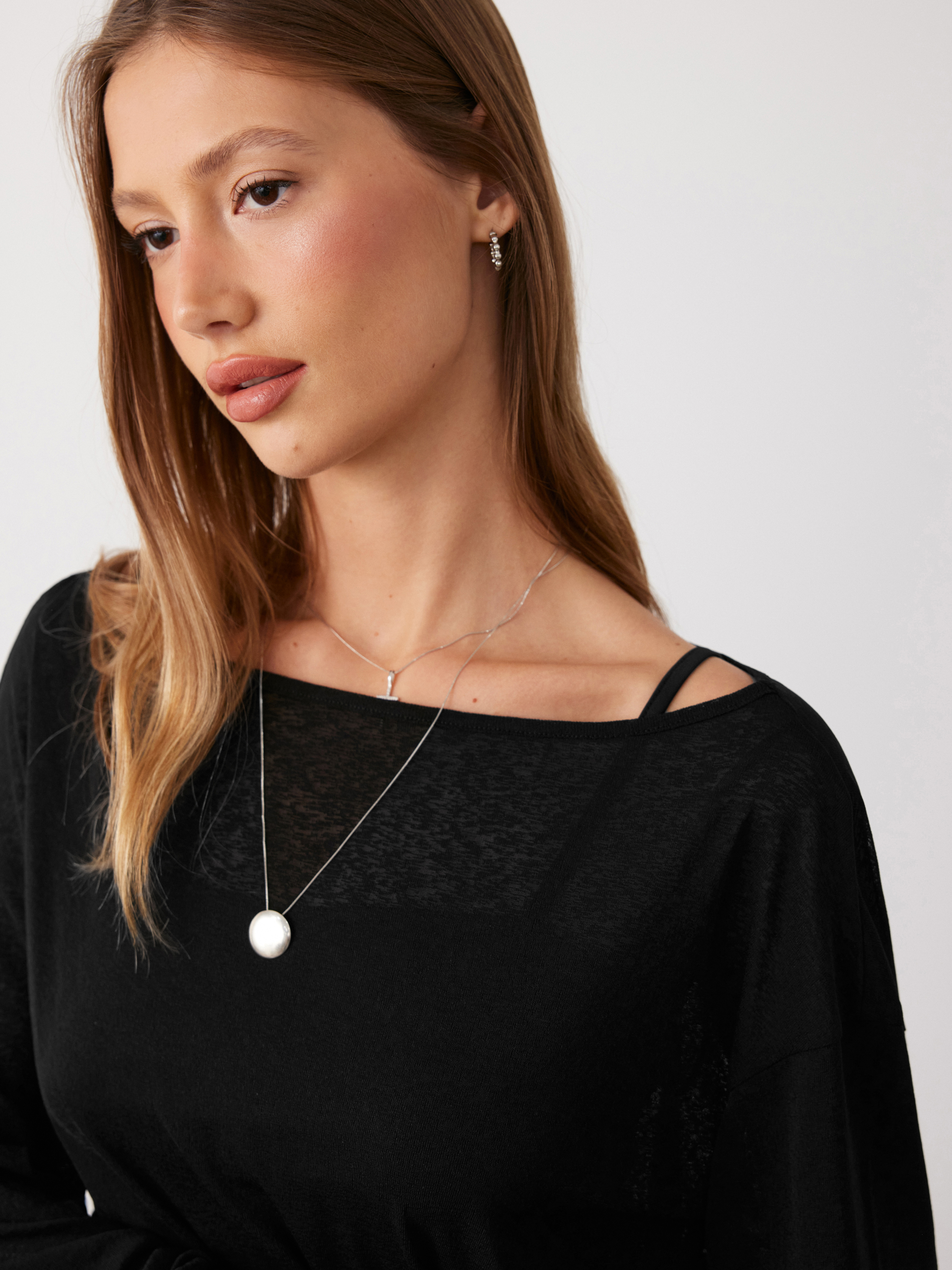 Cotton-blend Textured Asymmetrical Neck Lantern Sleeve Oversized Top & Cami Top - Black