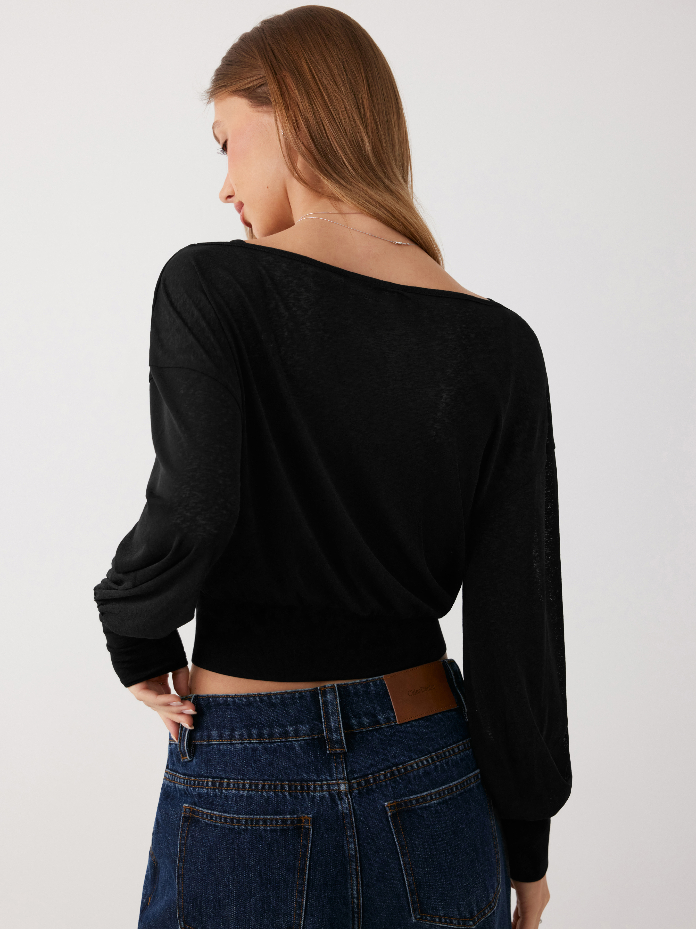 Cotton-blend Textured Asymmetrical Neck Lantern Sleeve Oversized Top & Cami Top - Black