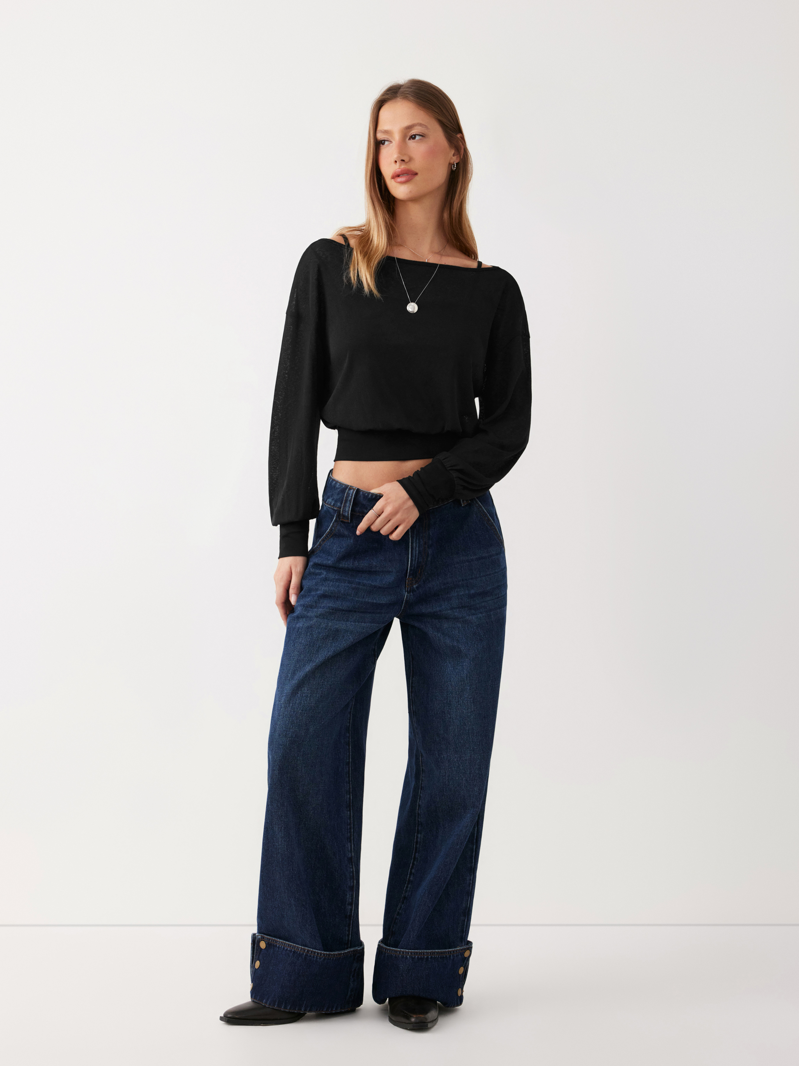 Cotton-blend Textured Asymmetrical Neck Lantern Sleeve Oversized Top & Cami Top - Black