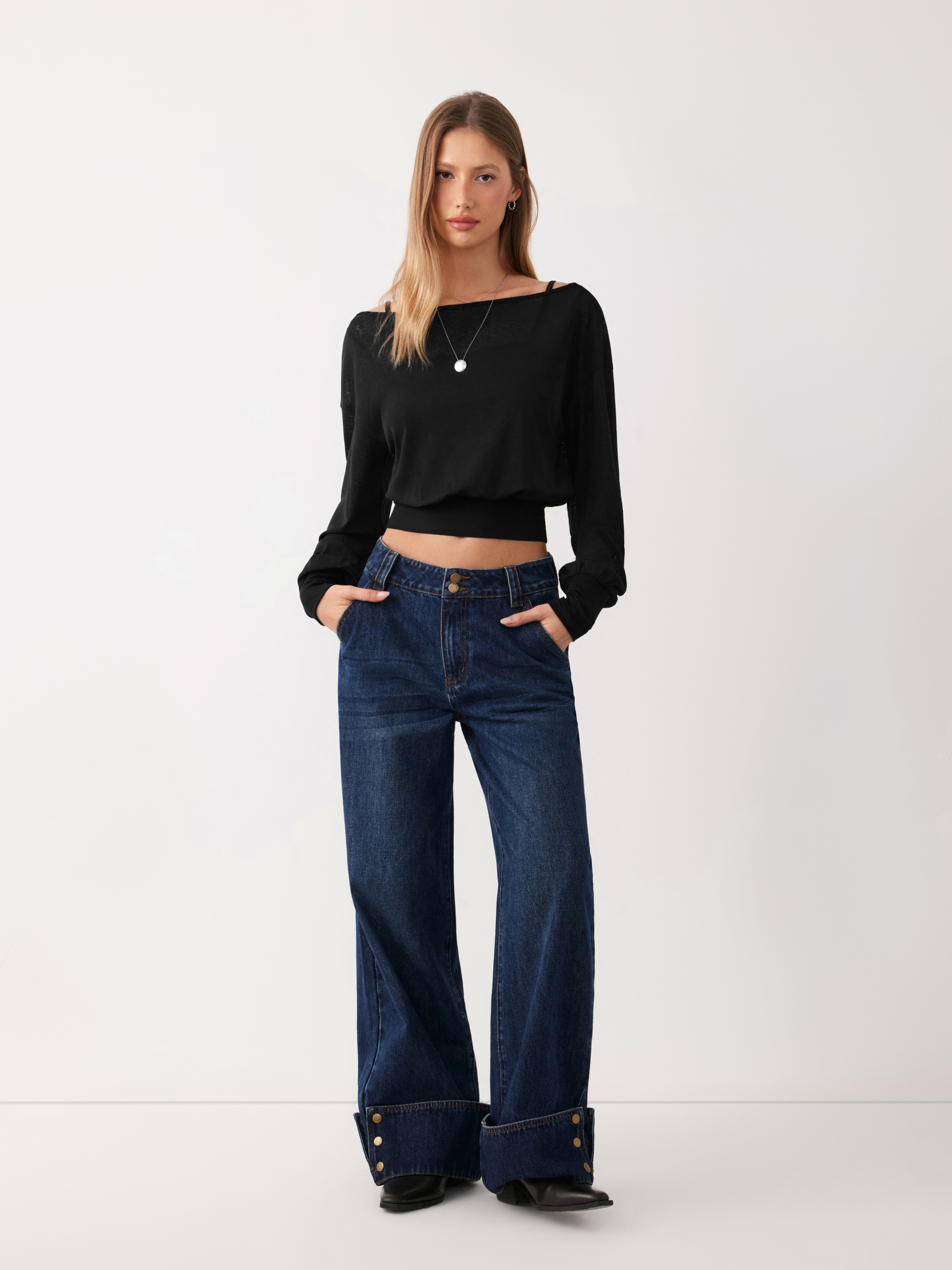 Cotton-blend Textured Asymmetrical Neck Lantern Sleeve Oversized Top & Cami Top - Black
