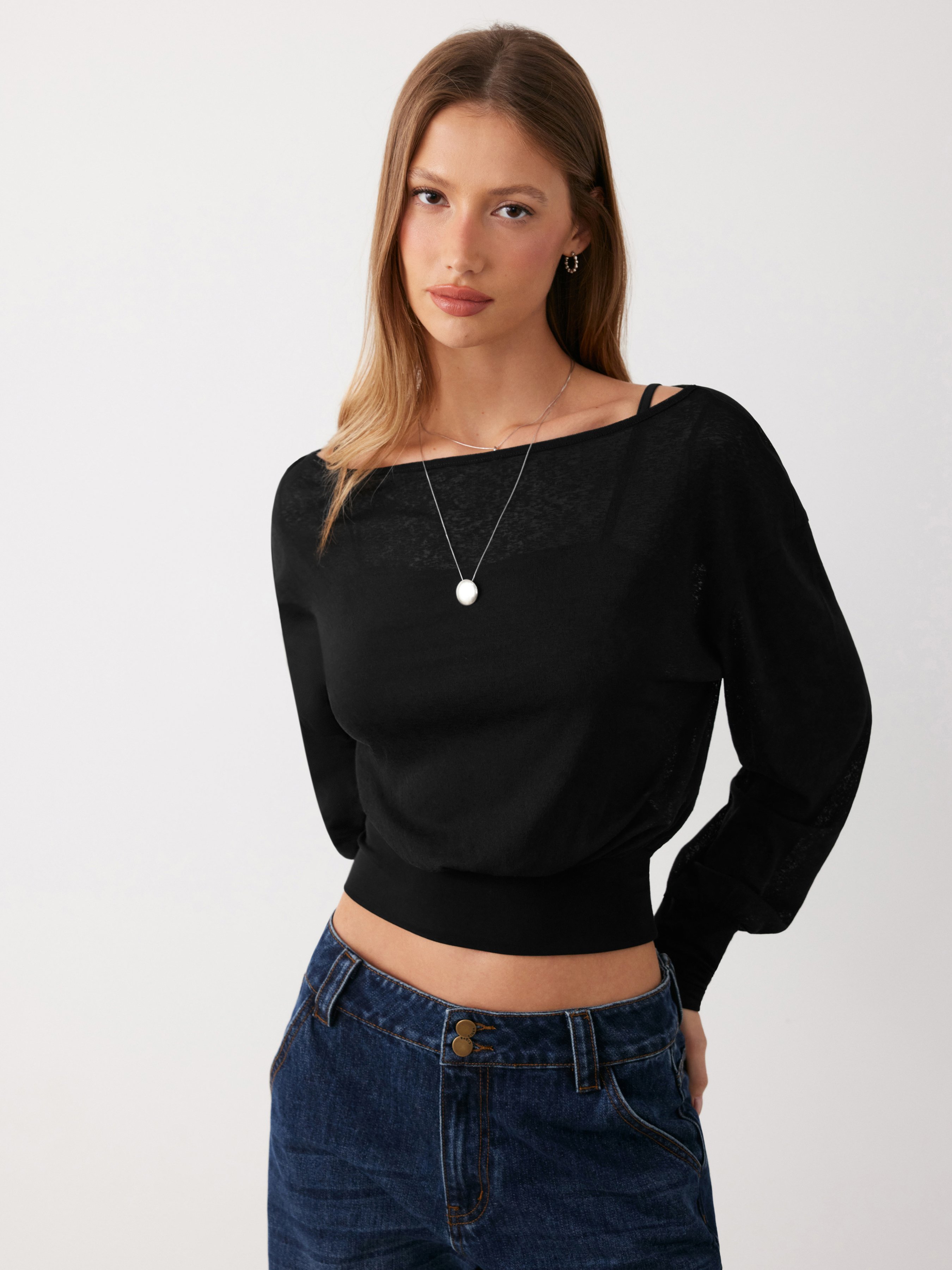 Cotton-blend Textured Asymmetrical Neck Lantern Sleeve Oversized Top & Cami Top - Black