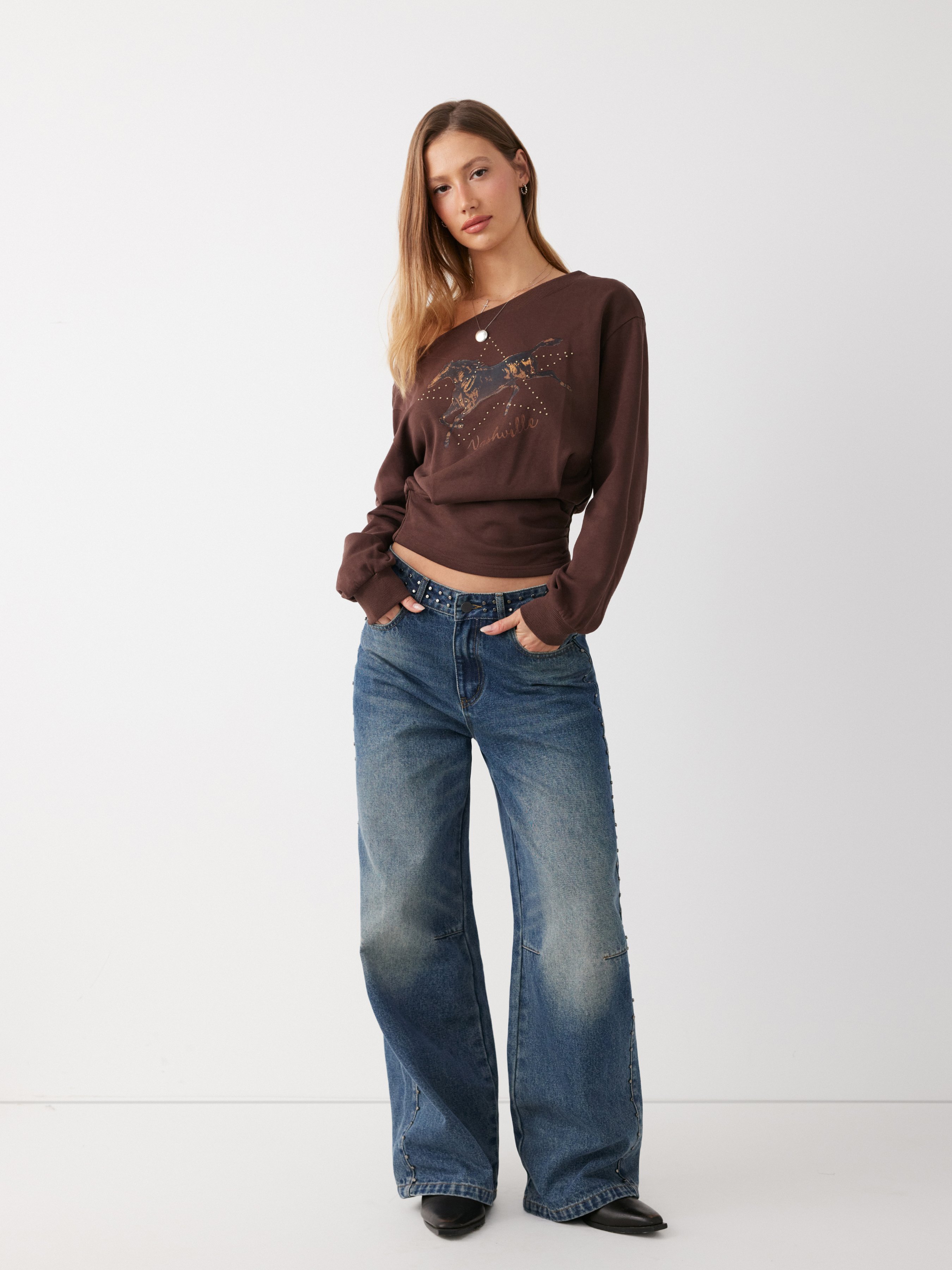 Washed Denim Low Rise Studded Straight Leg Jeans