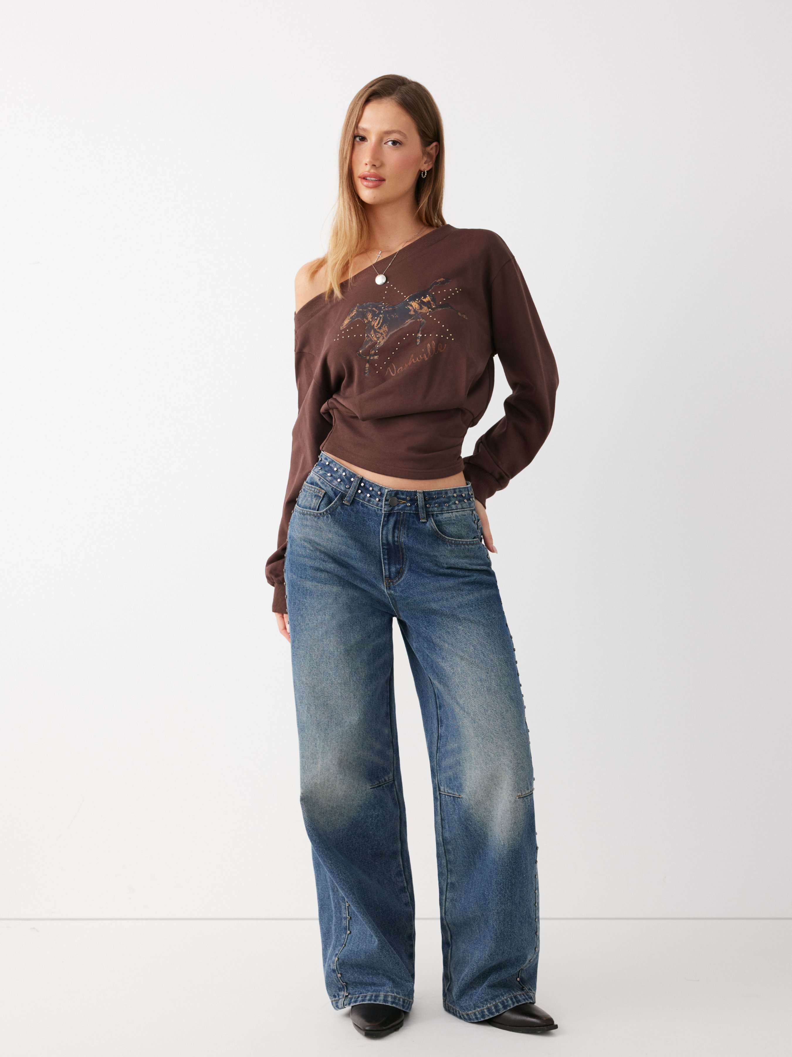 Washed Denim Low Rise Studded Straight Leg Jeans