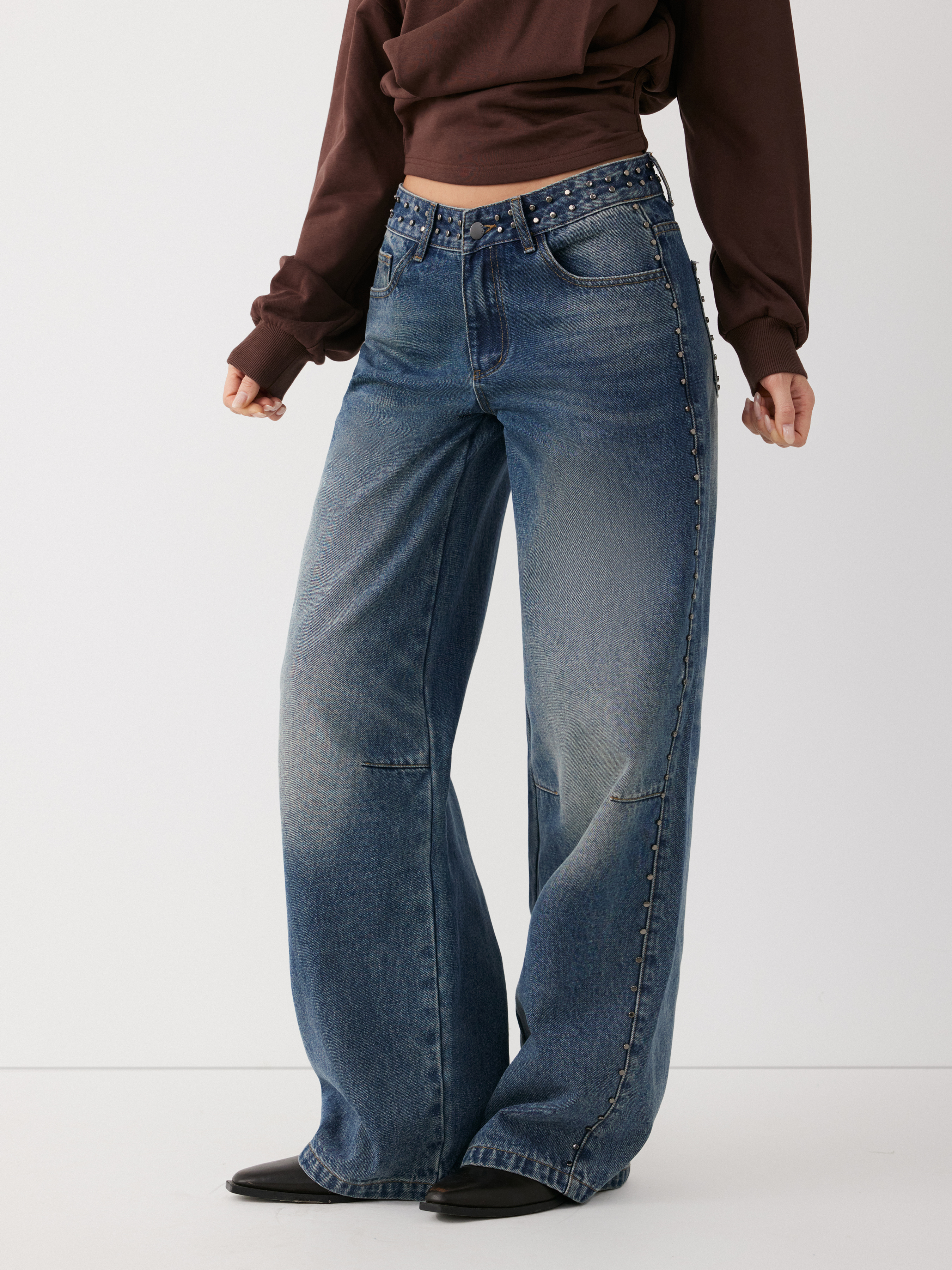 Washed Denim Low Rise Studded Straight Leg Jeans