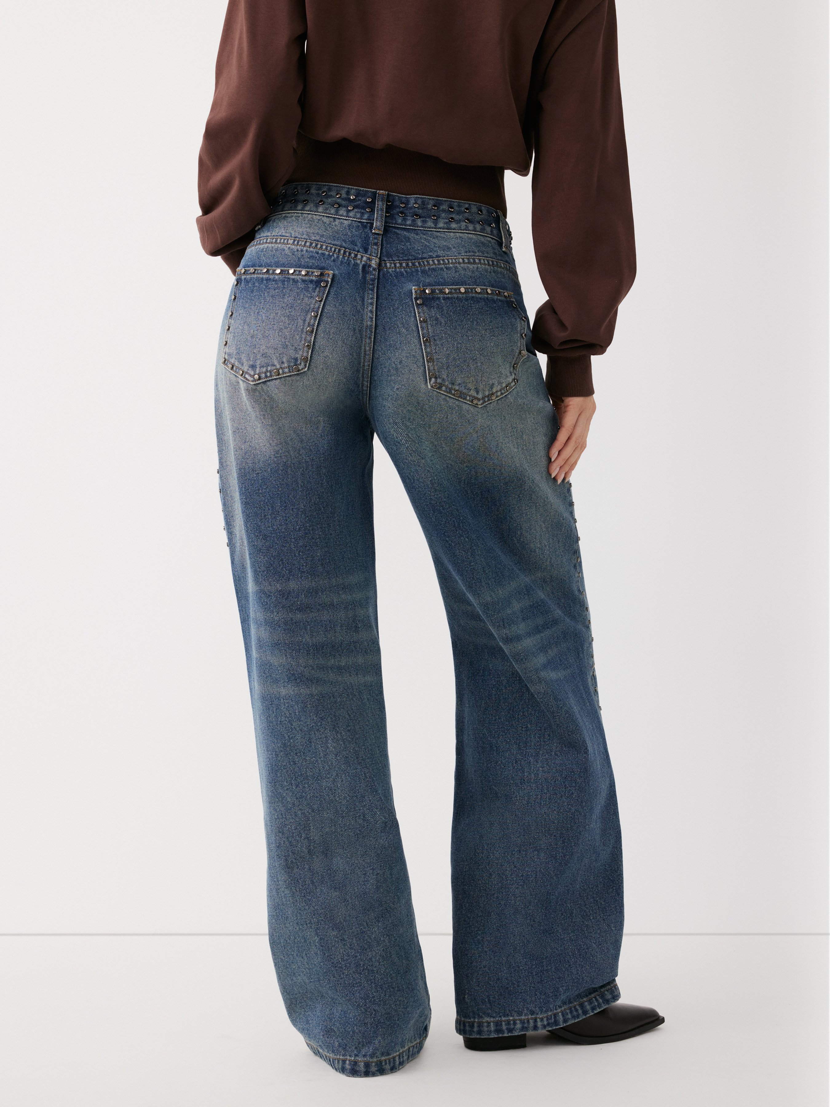 Washed Denim Low Rise Studded Straight Leg Jeans