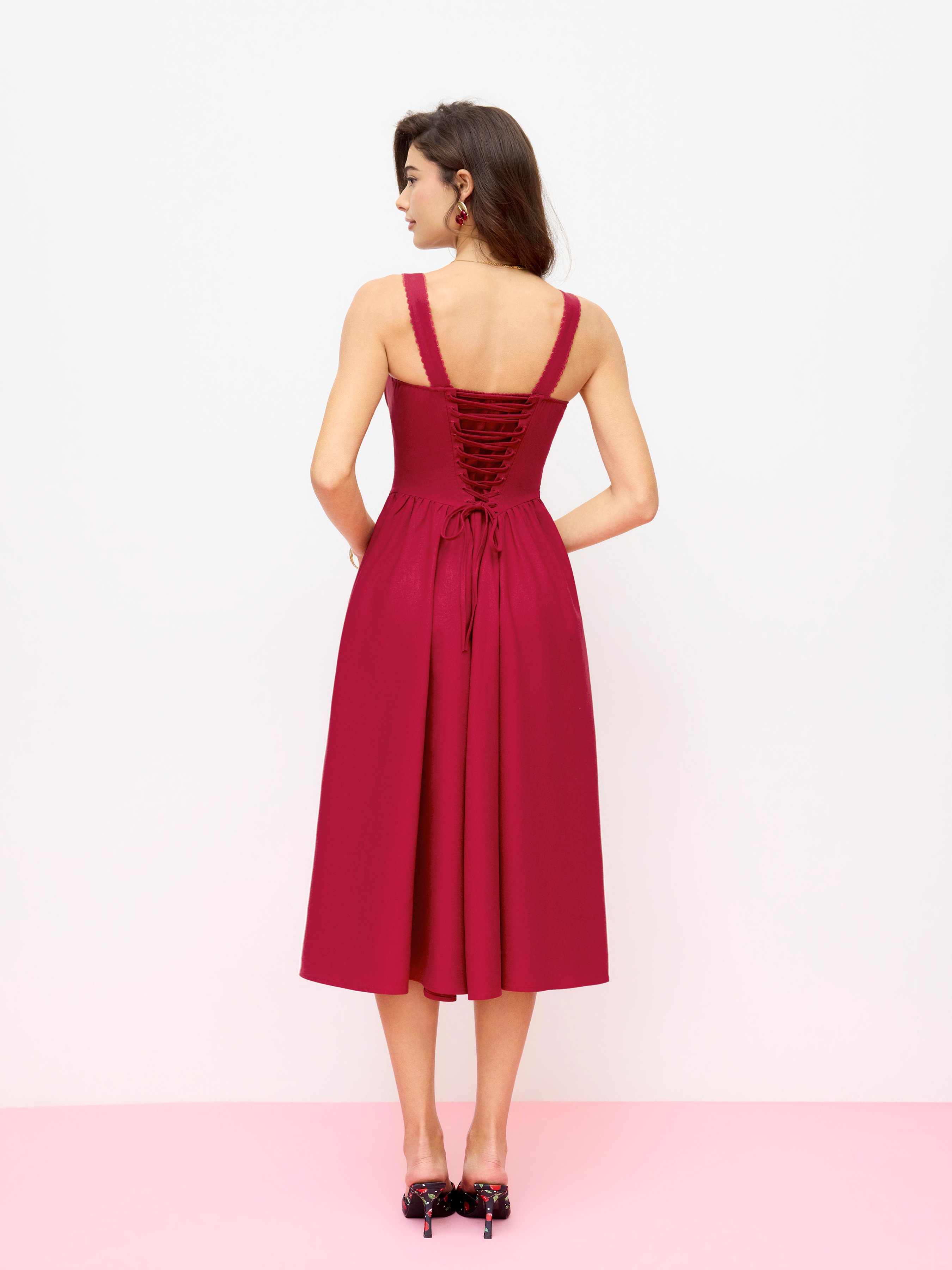 Cotton-blend Sculptural U-neckline Ruffled Lace Up Flared Maxi Dress - Red